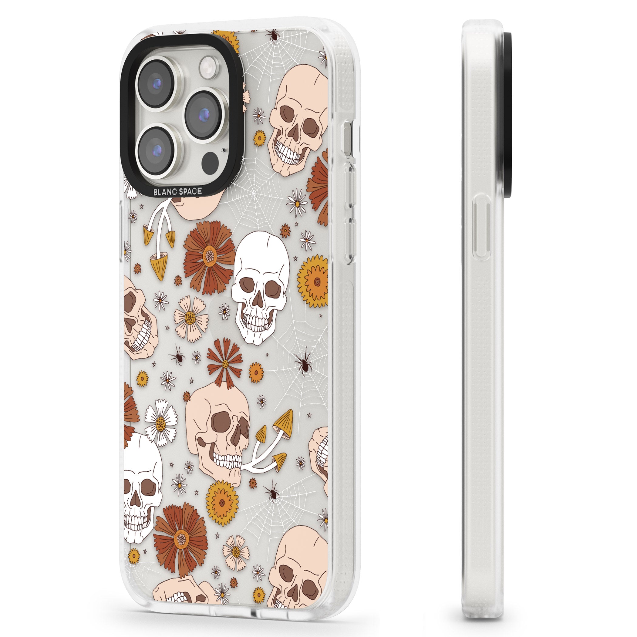 Halloween Skulls and Flowers iPhone 15 Pro Max / 15 Pro / 14 Pro Max / 14 Pro / 13 Pro Clear Case Impact Air - Blanc Space