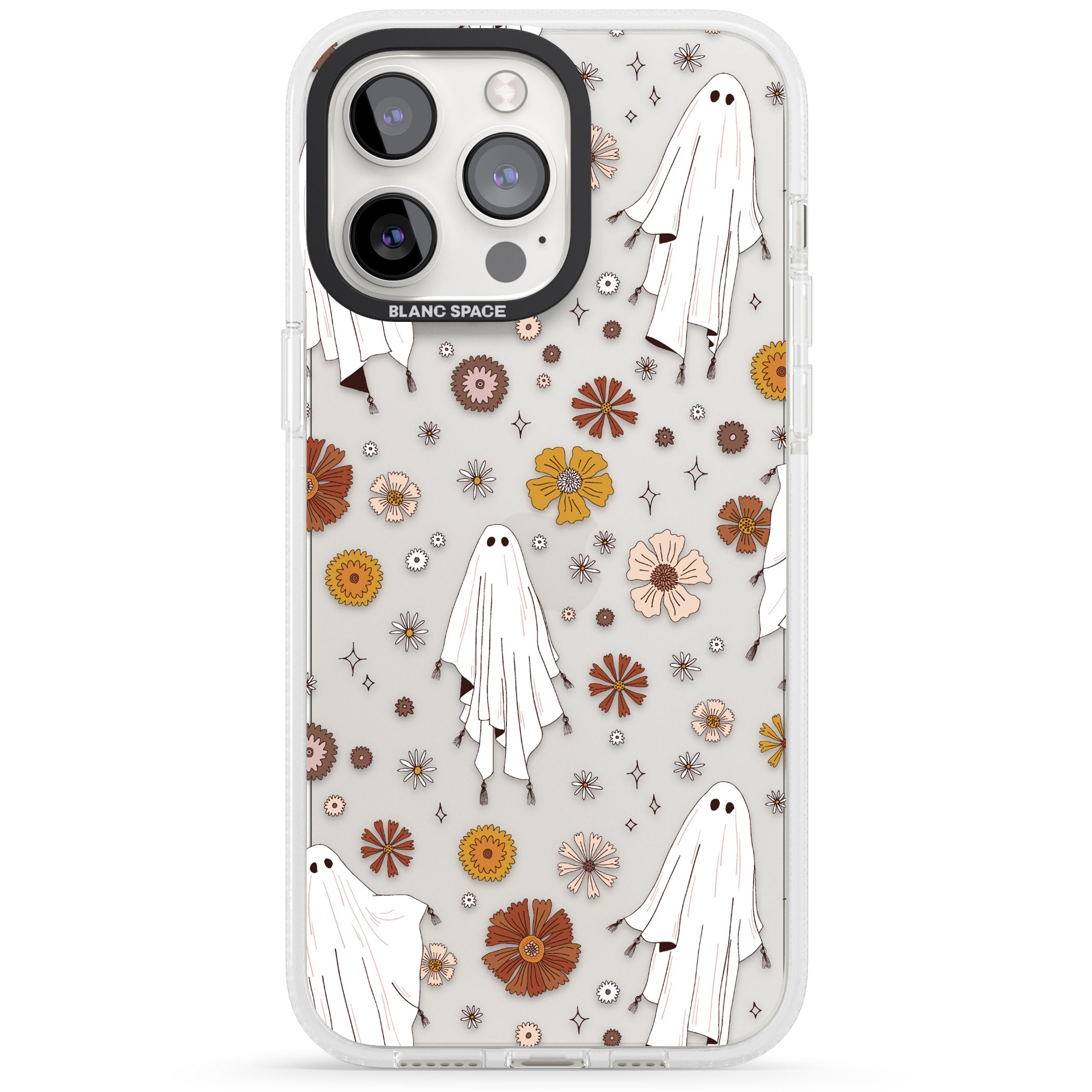 Halloween Ghosts and Flowers iPhone 15 Pro Max / 15 Pro / 14 Pro Max / 14 Pro / 13 Pro Clear Case Impact Air - Blanc Space