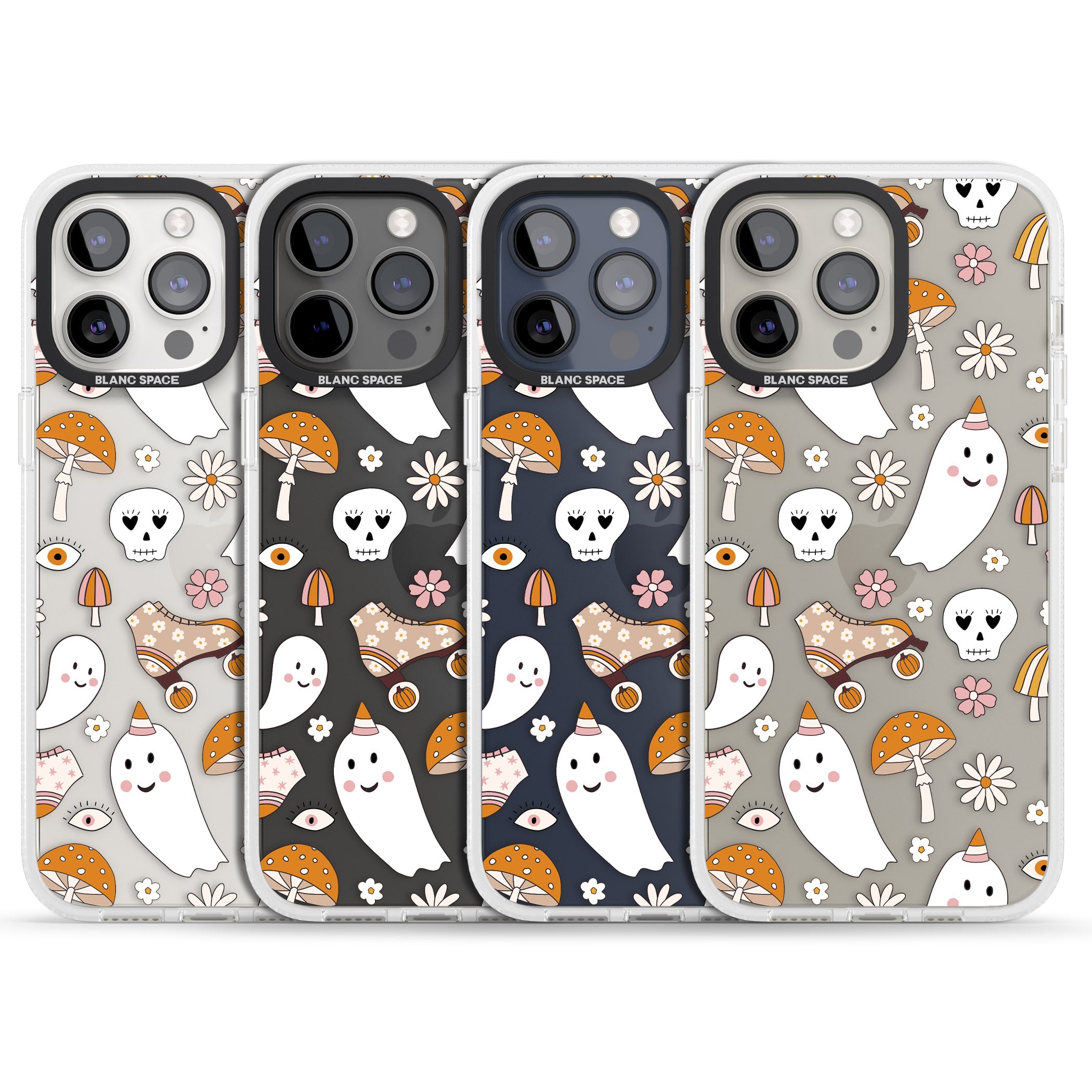 Cute Ghost and Skulls Pattern iPhone 15 Pro Max / 15 Pro / 14 Pro Max / 14 Pro / 13 Pro Clear Case Impact Air - Blanc Space