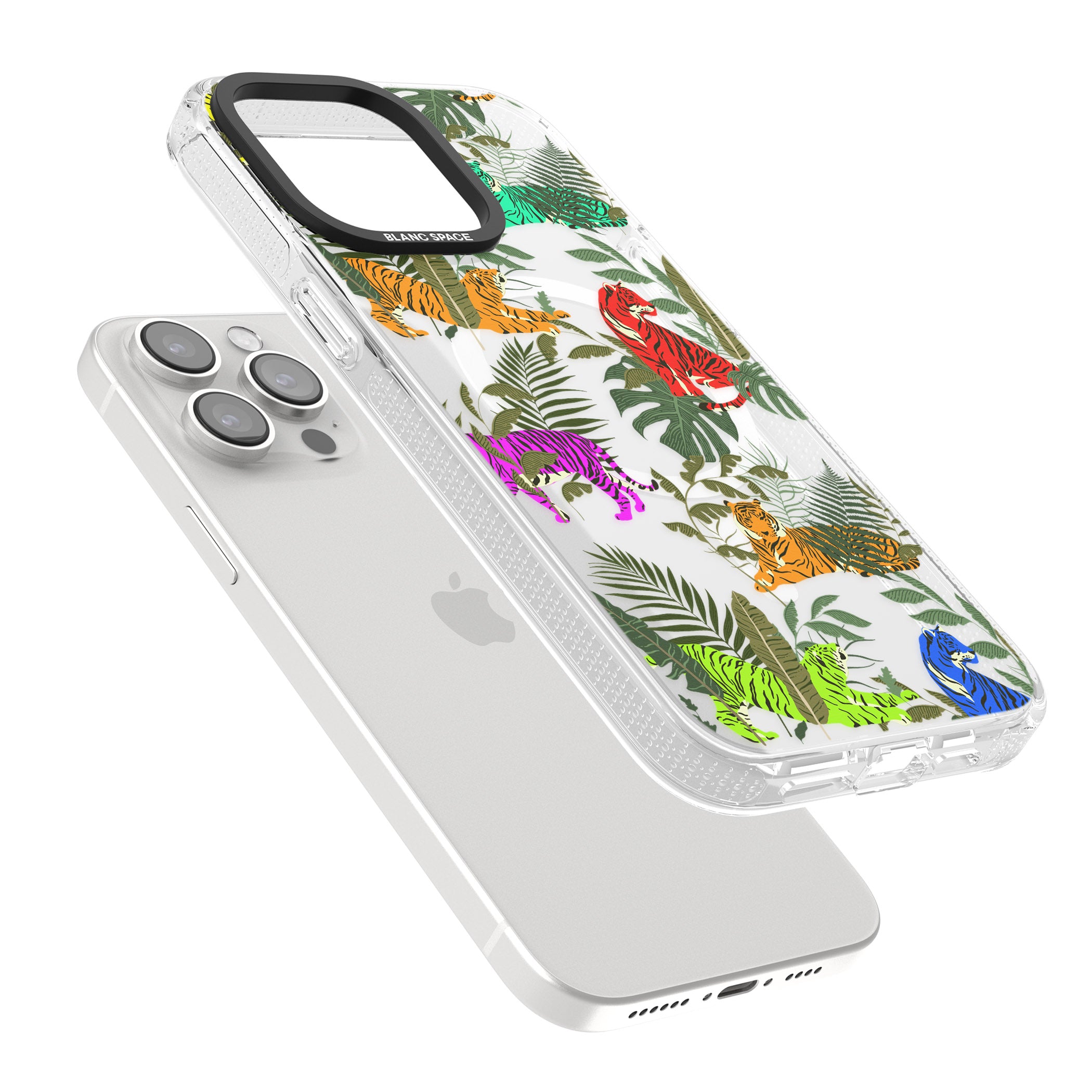 Colourful Tiger Jungle Cat Pattern iPhone 15 Pro Max / 15 Pro / 14 Pro Max / 14 Pro / 13 Pro Clear Case Impact Air - Blanc Space