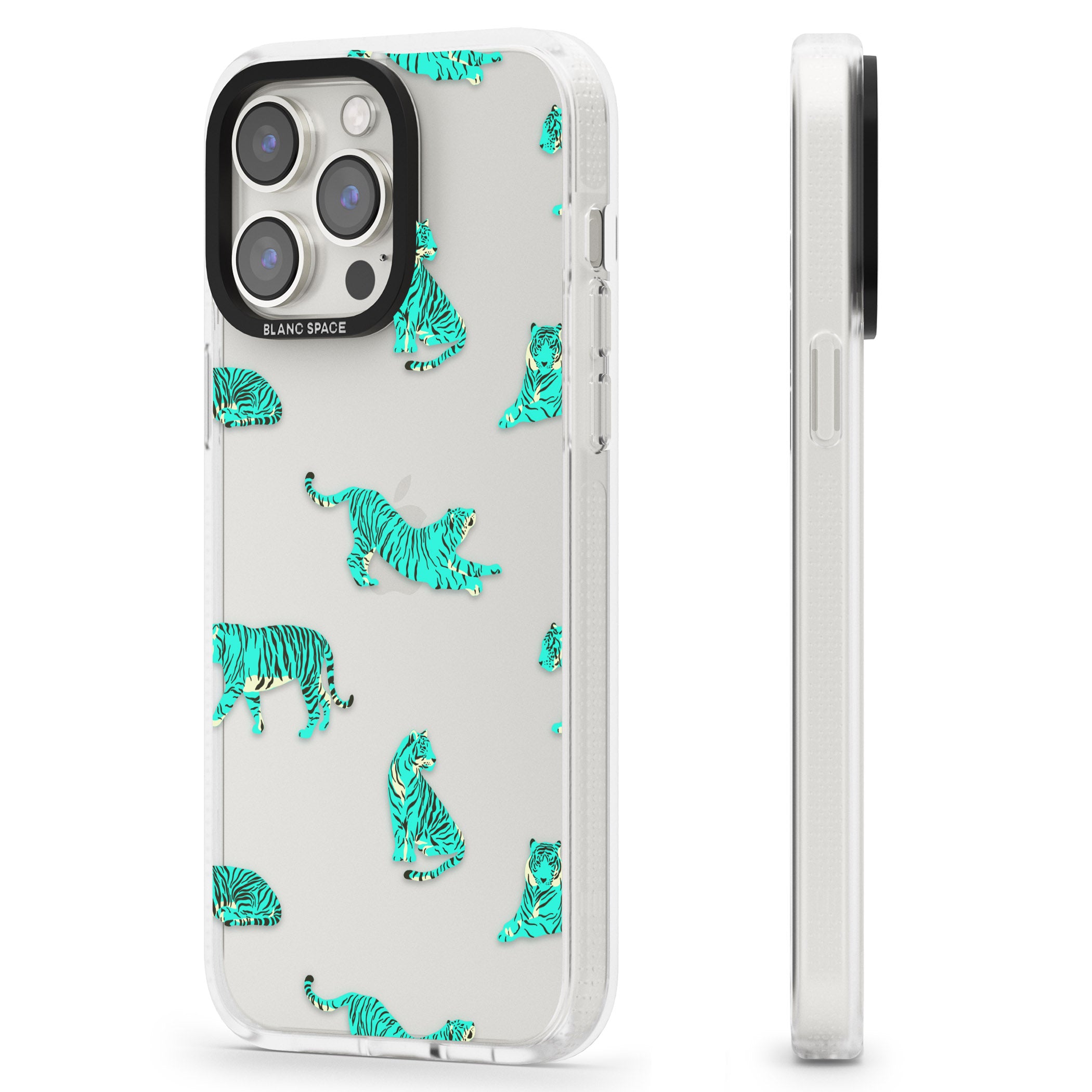 Turquoise Tiger Jungle Cat Pattern iPhone 15 Pro Max / 15 Pro / 14 Pro Max / 14 Pro / 13 Pro Clear Case Impact Air - Blanc Space