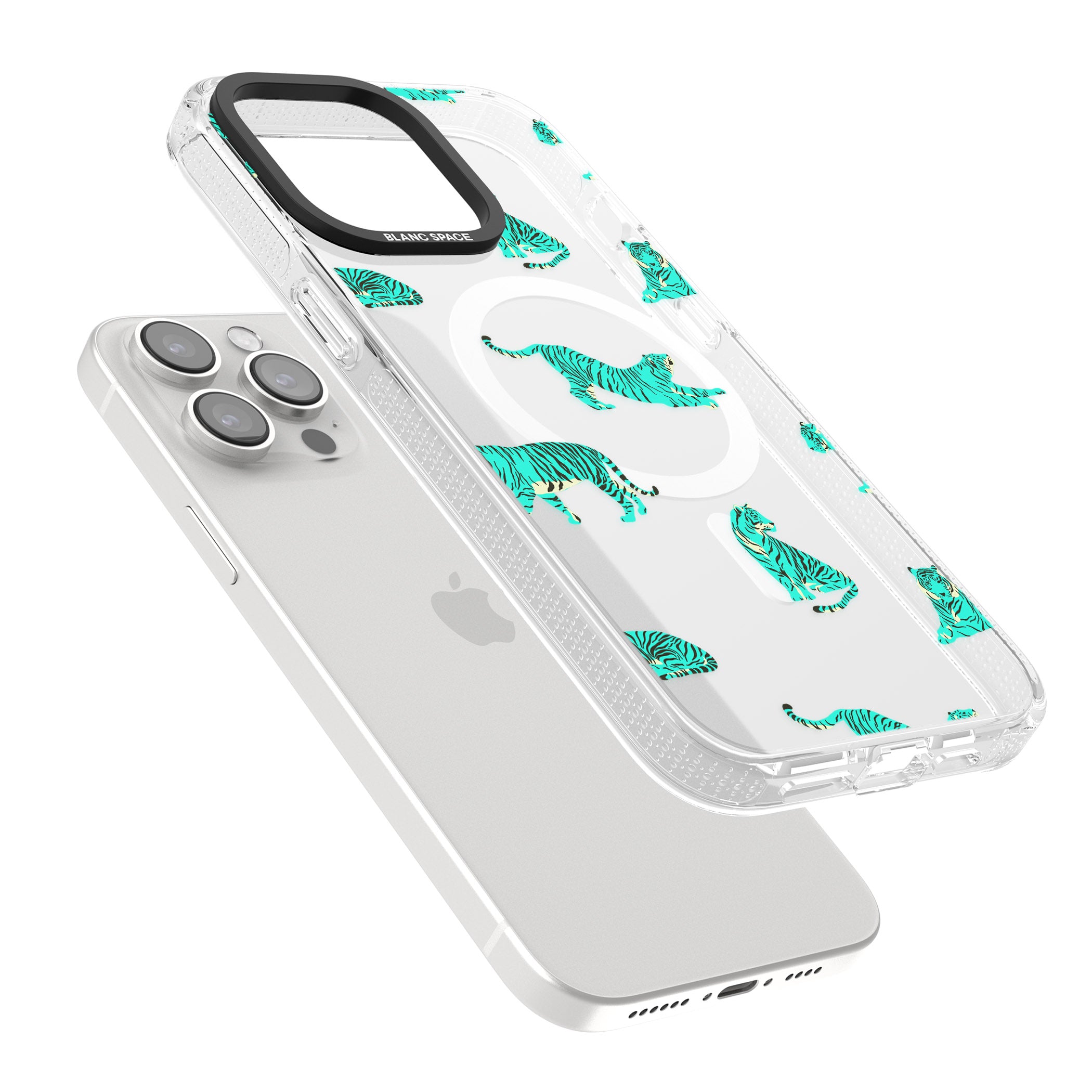 Turquoise Tiger Jungle Cat Pattern iPhone 15 Pro Max / 15 Pro / 14 Pro Max / 14 Pro / 13 Pro Clear Case Impact Air - Blanc Space
