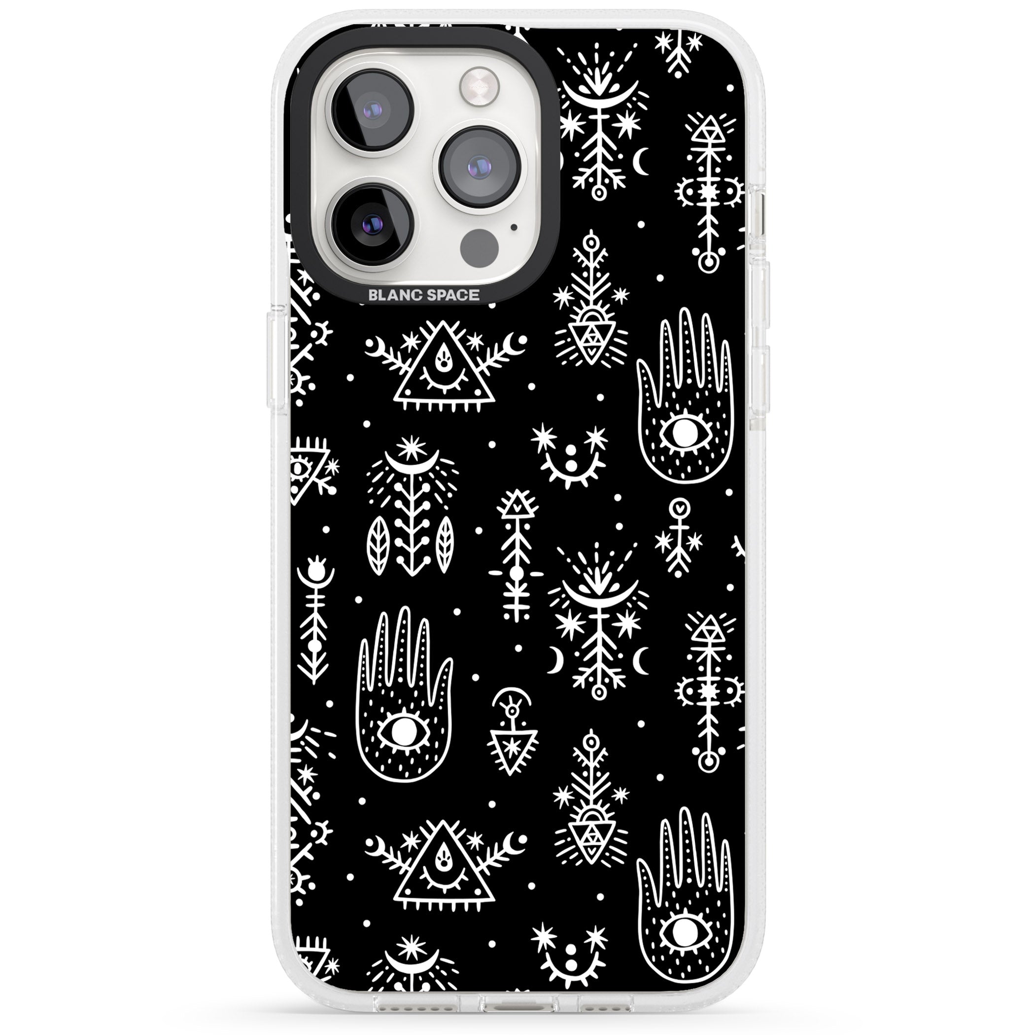 Tribal Palms - White on Black iPhone 15 Pro Max / 15 Pro / 14 Pro Max / 14 Pro / 13 Pro Clear Case Impact Air - Blanc Space