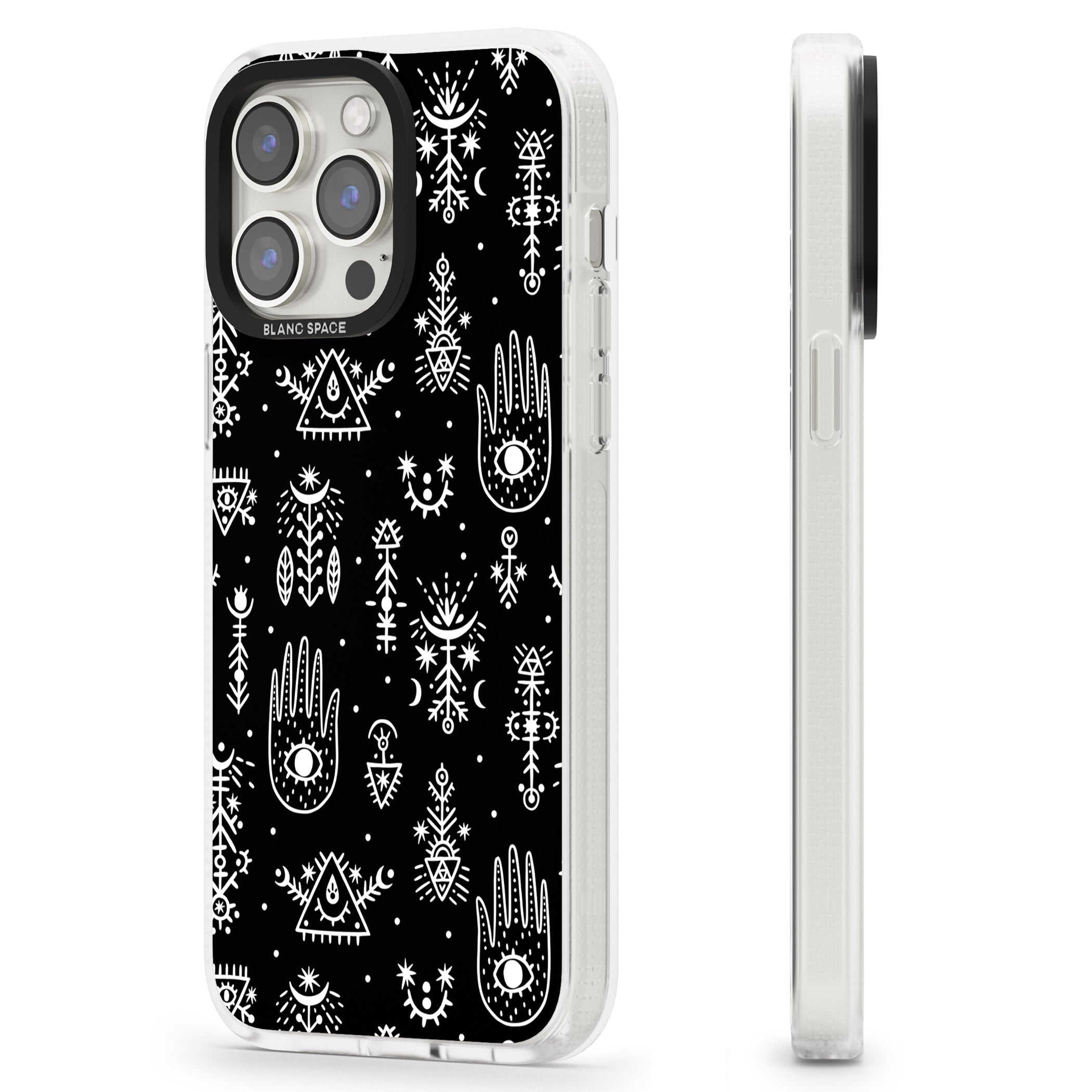 Tribal Palms - White on Black iPhone 15 Pro Max / 15 Pro / 14 Pro Max / 14 Pro / 13 Pro Clear Case Impact Air - Blanc Space