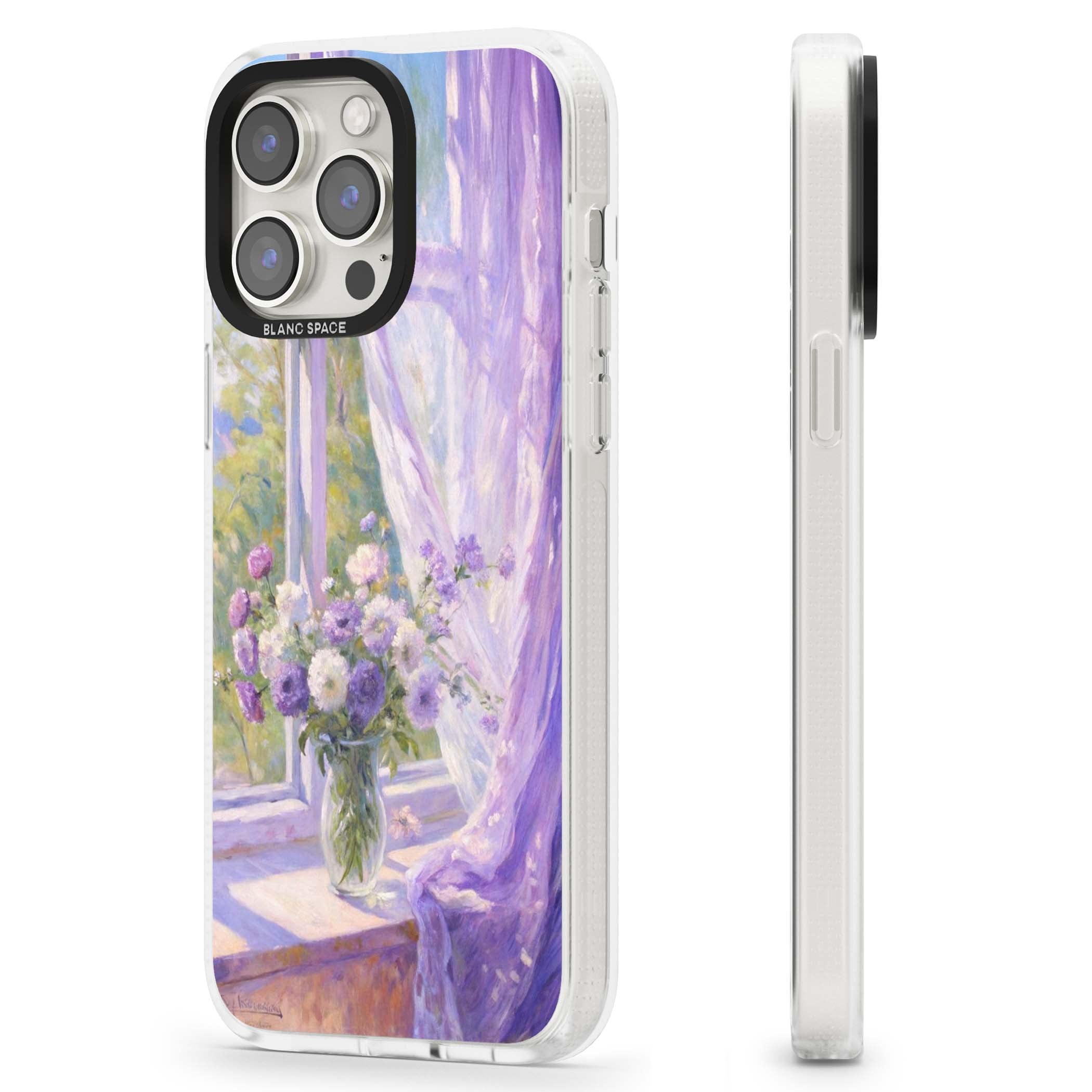 A Provence Morning impressionist art iPhone case featuring a vase of purple flowers, sunlit window and sheer curt | Clear Case Impact Air case for iPhone 15 Pro, iPhone 15 Pro Max