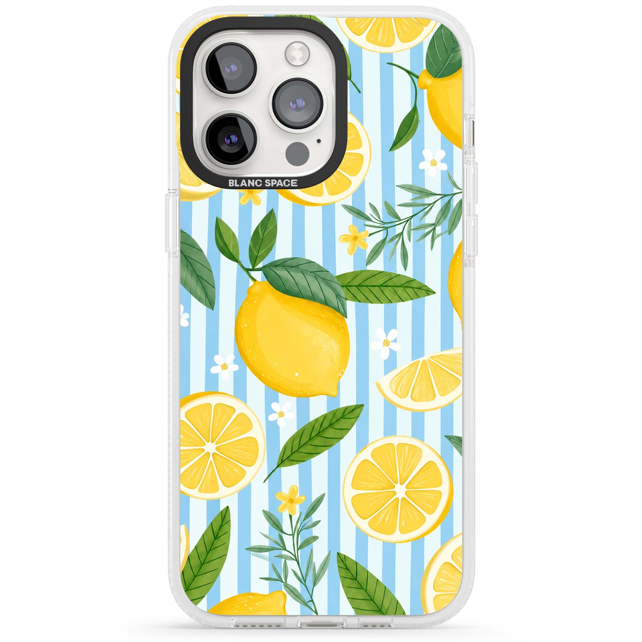 Capri Citrus Stripe coastal iPhone case featuring yellow lemons, blue stripes, and white daisy blossoms | Clear Case Impact Air case for iPhone 15 Pro, iPhone 15 Pro Max
