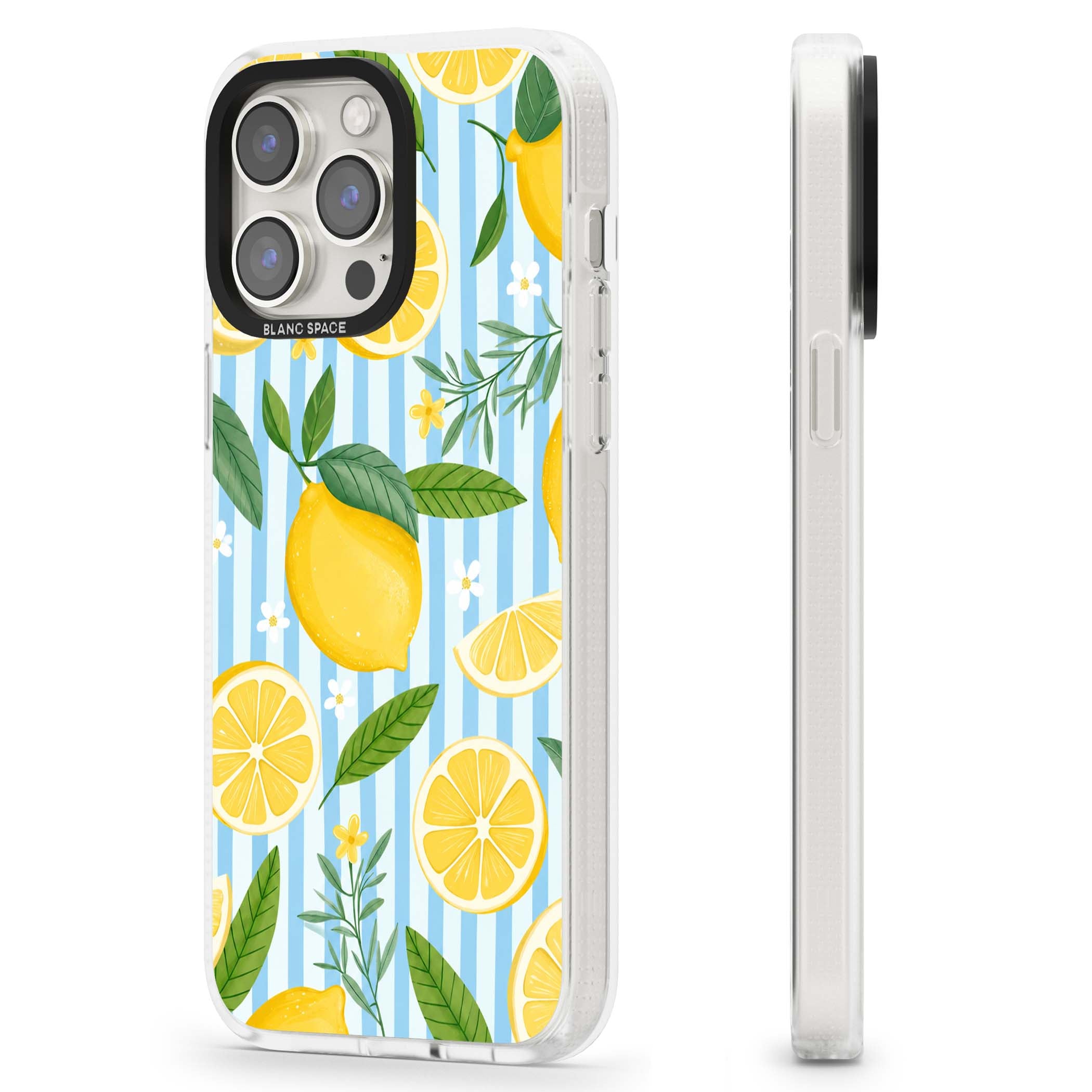 Capri Citrus Stripe coastal iPhone case featuring yellow lemons, blue stripes, and white daisy blossoms | Clear Case Impact Air case for iPhone 15 Pro, iPhone 15 Pro Max