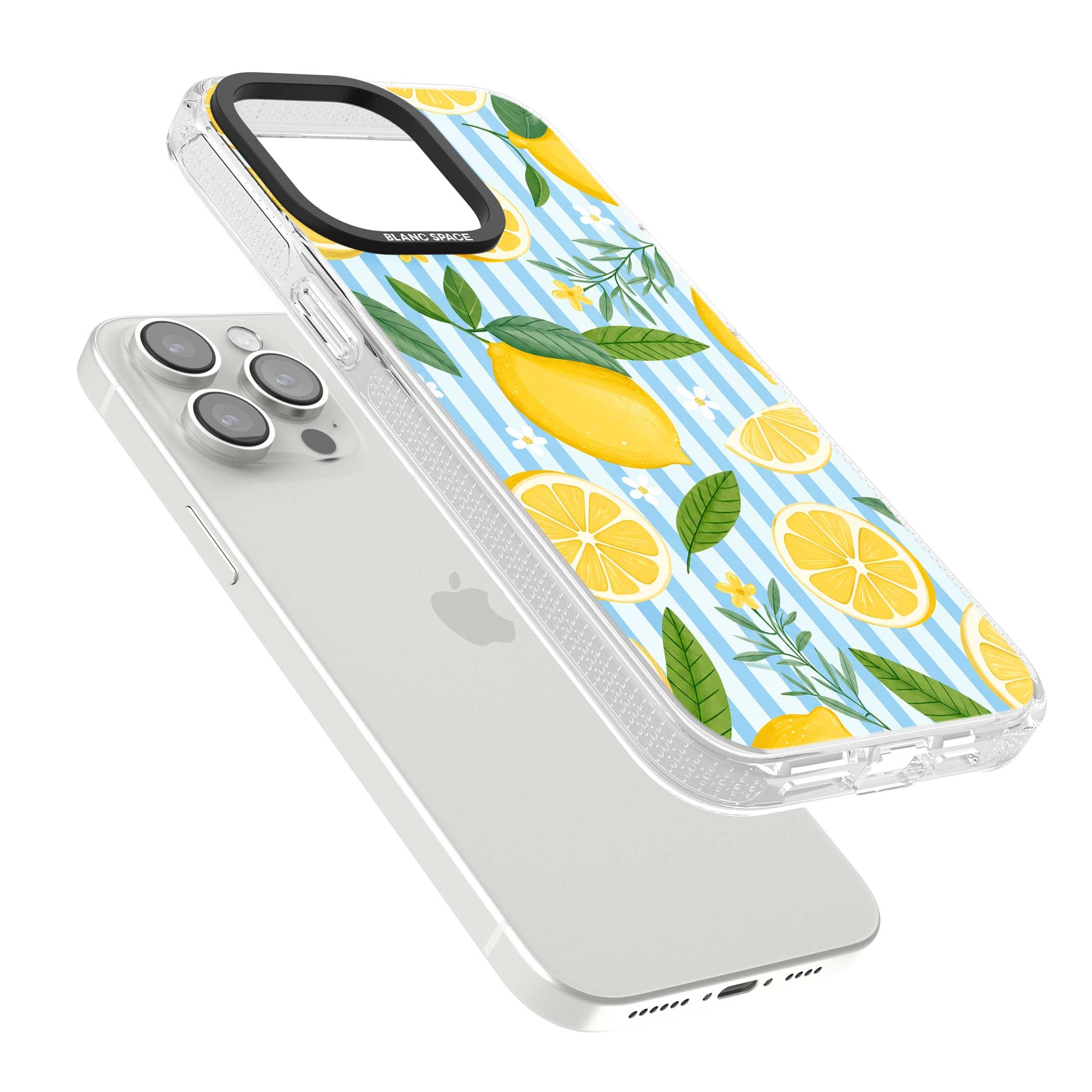 Capri Citrus Stripe coastal iPhone case featuring yellow lemons, blue stripes, and white daisy blossoms | Clear Case Impact Air case for iPhone 15 Pro, iPhone 15 Pro Max