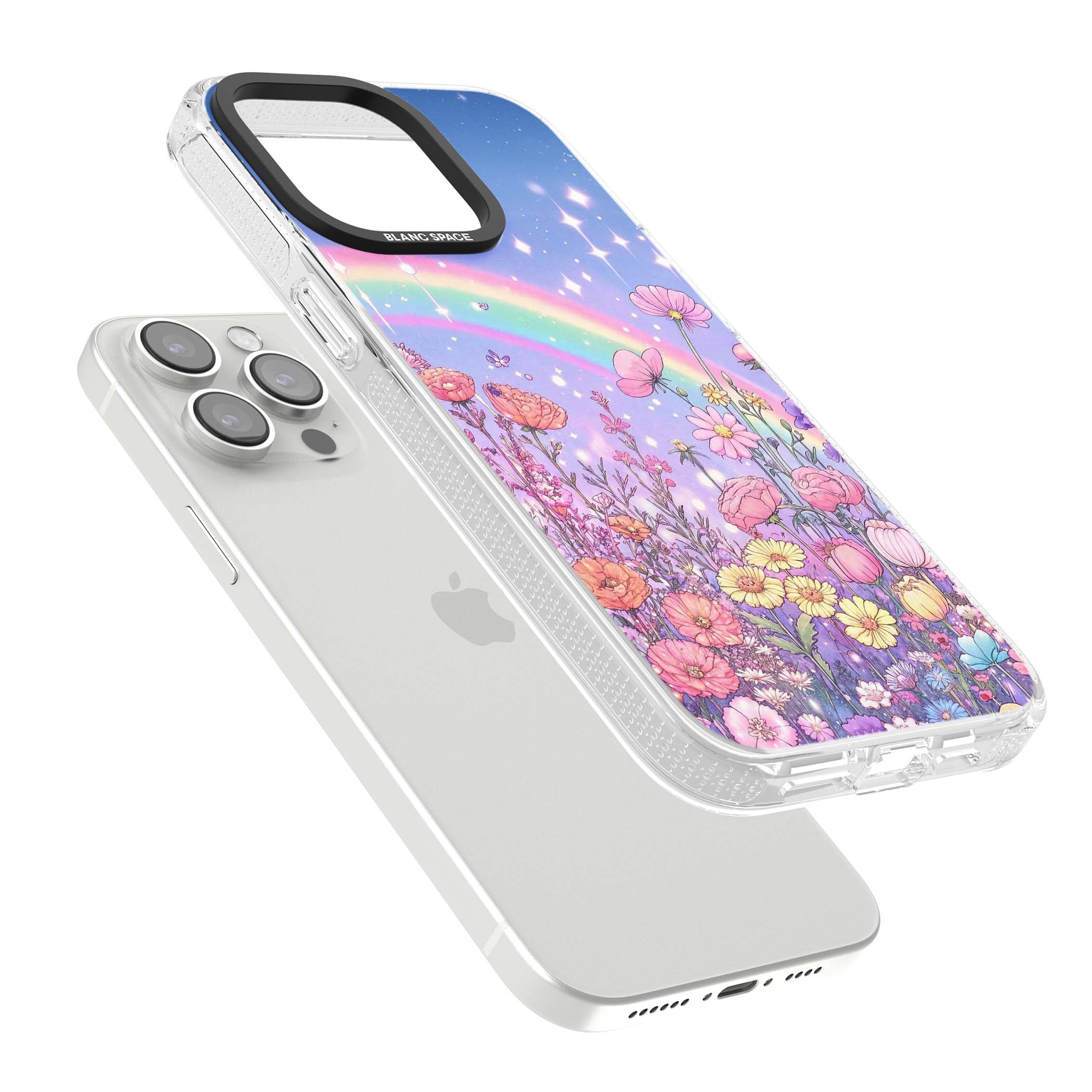 Magical Meadow fairycore iPhone case featuring a pastel rainbow, sparkling stars and a wildflower meadow | Clear Case Impact Air case for iPhone 15 Pro, iPhone 15 Pro Max
