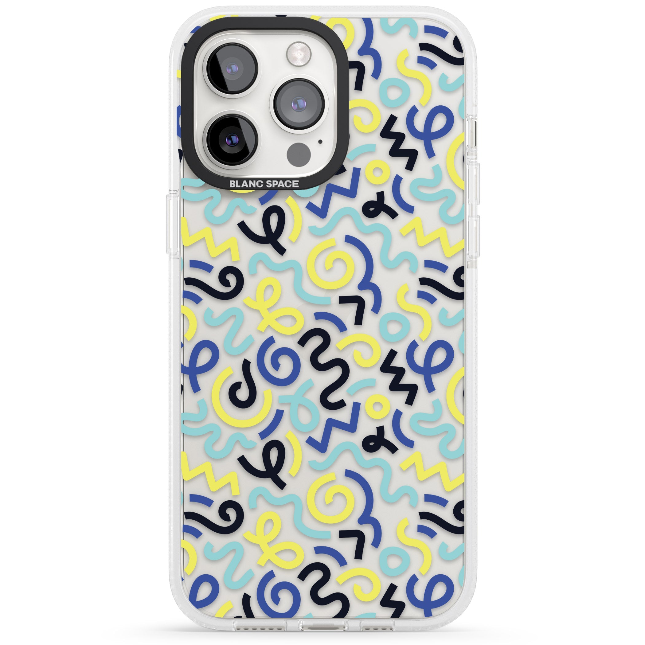 Blue & Yellow Shapes Memphis Retro Pattern Design iPhone 15 Pro Max / 15 Pro / 14 Pro Max / 14 Pro / 13 Pro Clear Case Impact Air - Blanc Space