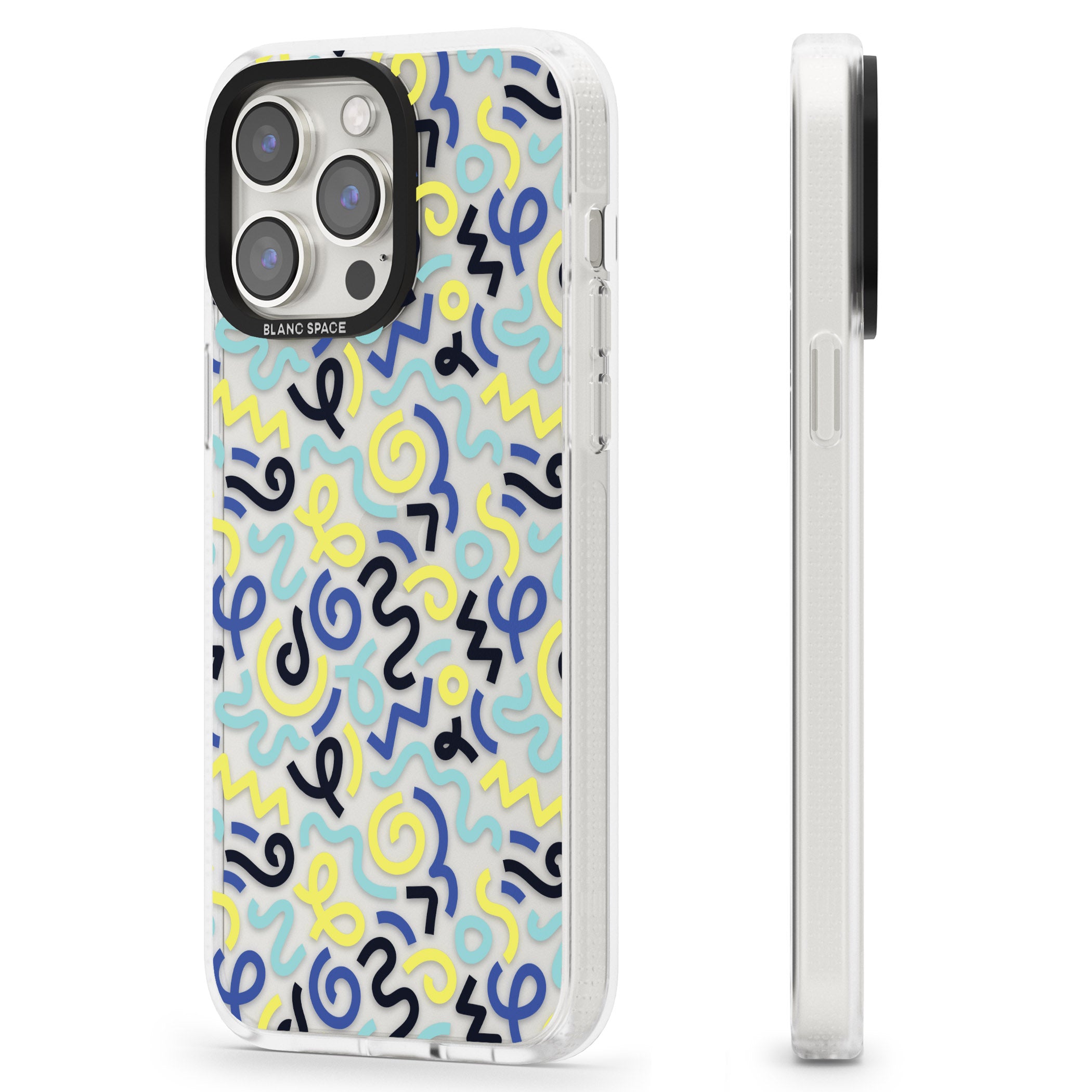 Blue & Yellow Shapes Memphis Retro Pattern Design iPhone 15 Pro Max / 15 Pro / 14 Pro Max / 14 Pro / 13 Pro Clear Case Impact Air - Blanc Space