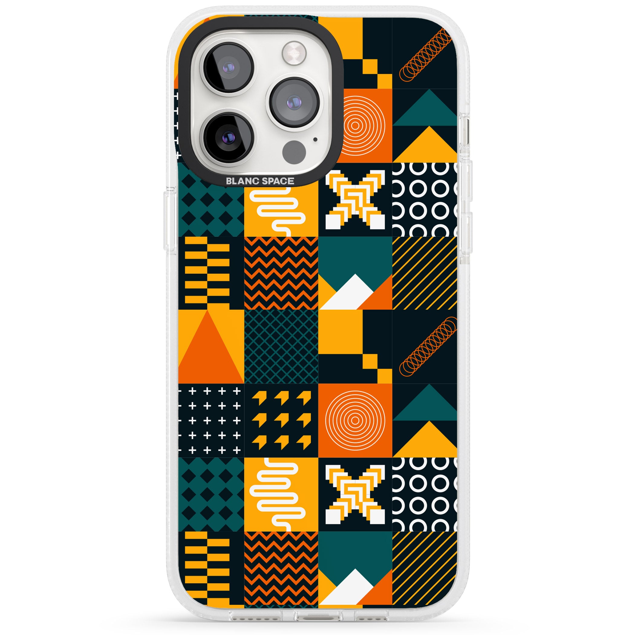 Funky Geometric Patterns: Orange & Dark Green iPhone 15 Pro Max / 15 Pro / 14 Pro Max / 14 Pro / 13 Pro Clear Case Impact Air - Blanc Space