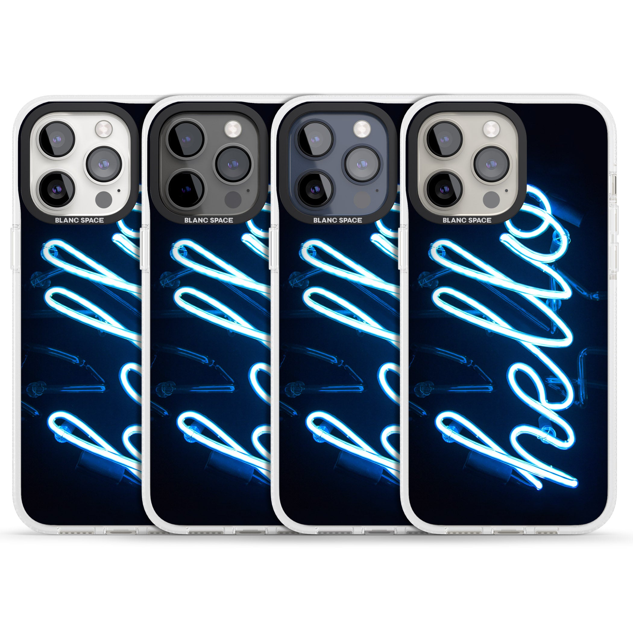 "Hello" Blue Cursive Neon Sign iPhone 15 Pro Max / 15 Pro / 14 Pro Max / 14 Pro / 13 Pro Clear Case Impact Air - Blanc Space