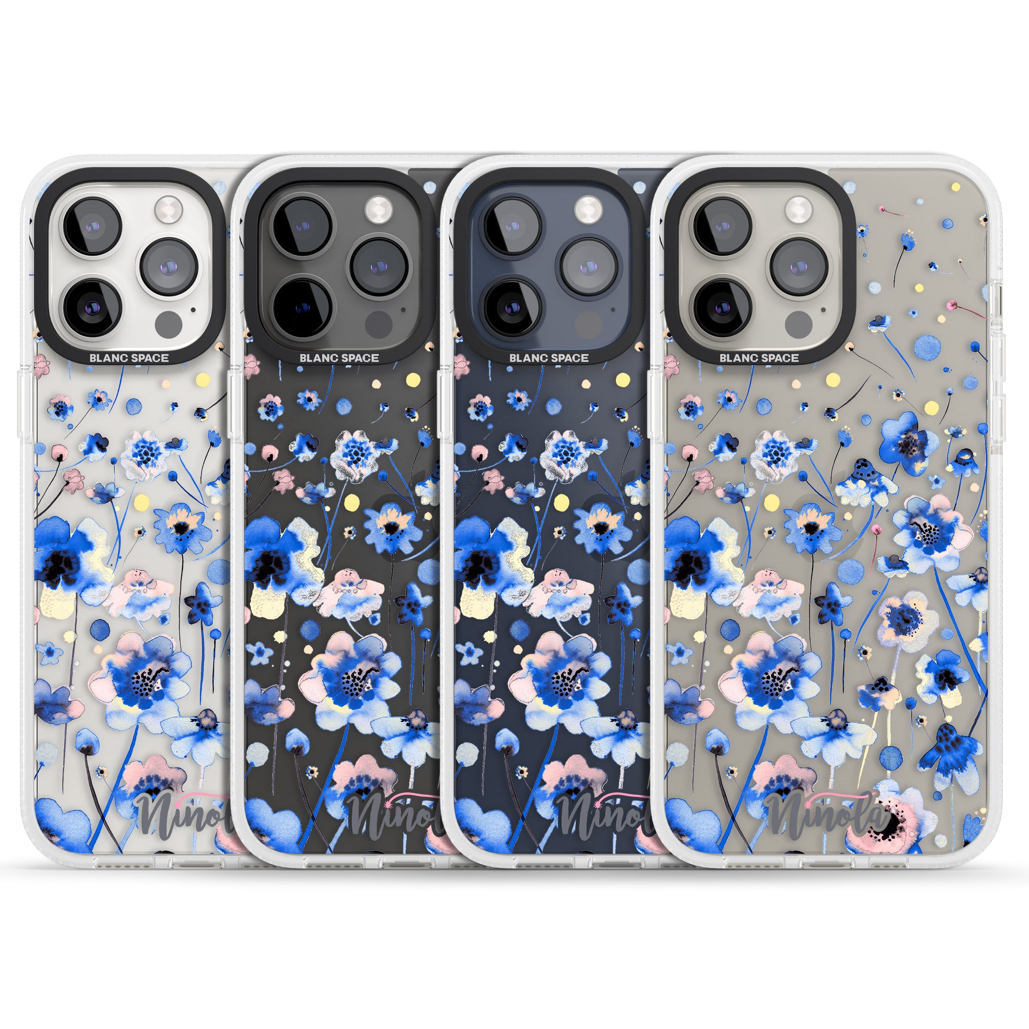 Ink Flowers Blue iPhone 15 Pro Max / 15 Pro / 14 Pro Max / 14 Pro / 13 Pro Clear Case Impact Air - Blanc Space