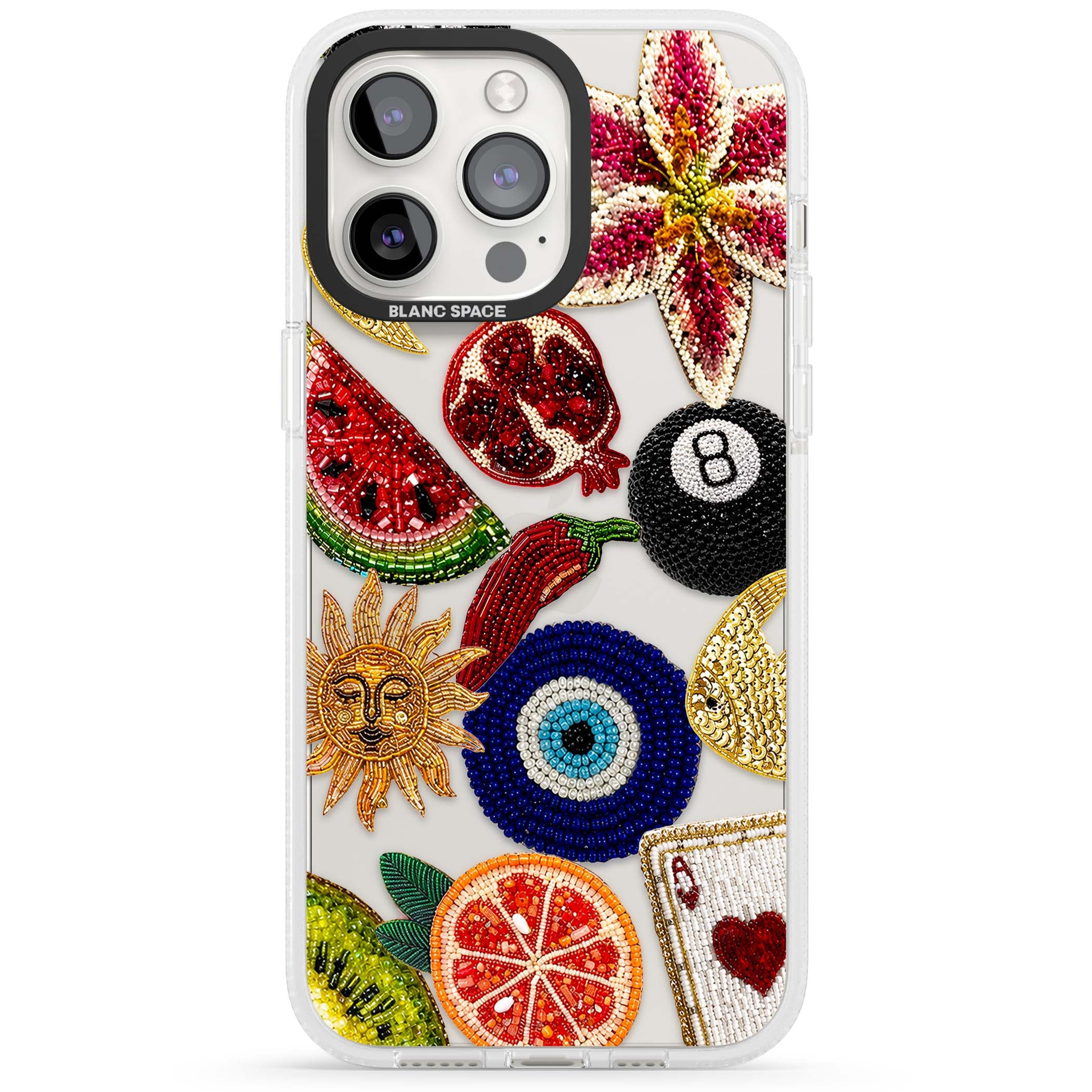 Beaded Charms embroidery iPhone case featuring beaded evil eye, fruit patches and a golden sun motif | Clear Case Impact Air case for iPhone 15 Pro, iPhone 15 Pro Max