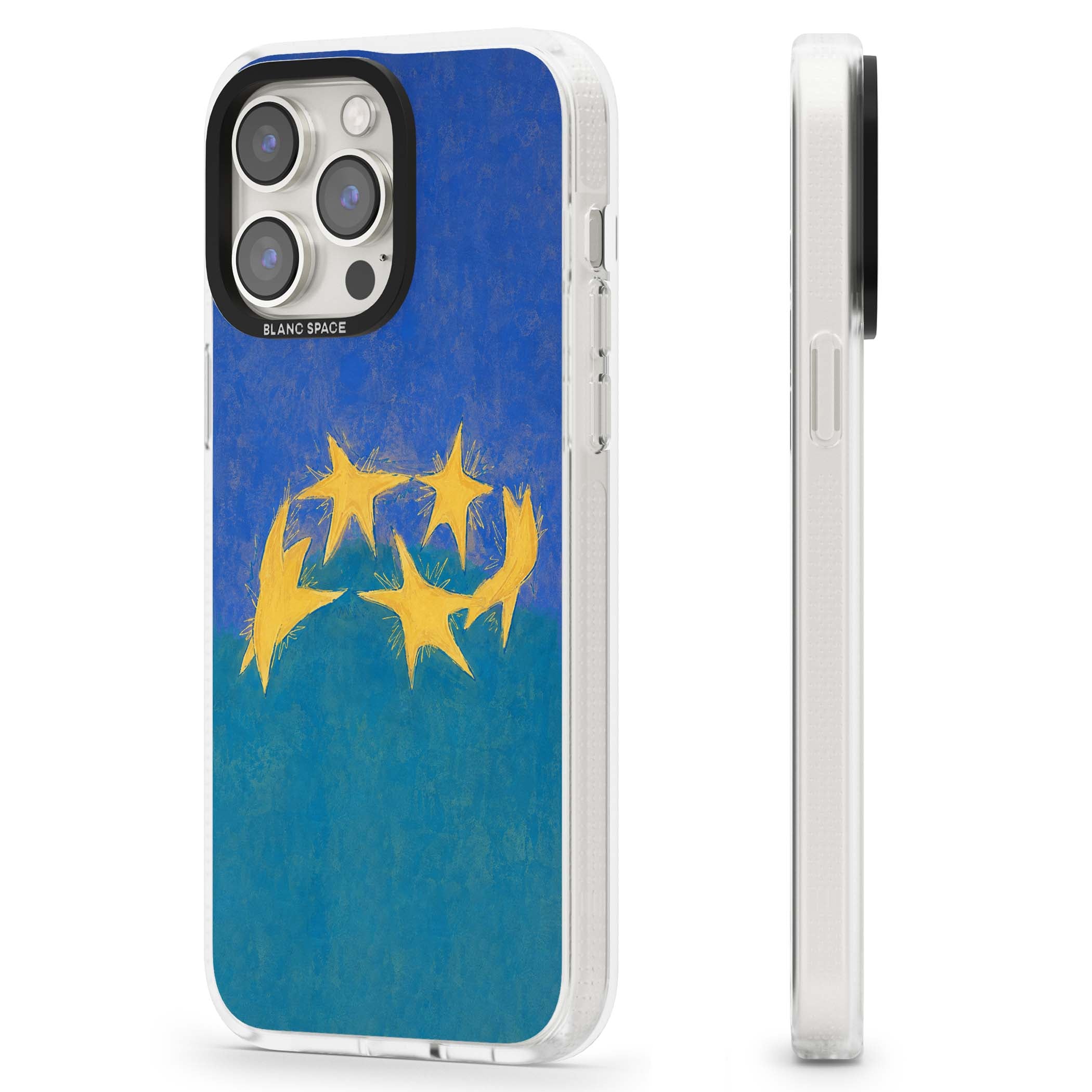 Star Boogie stars aesthetic iPhone case featuring five yellow hand-painted stars on cobalt blue and teal | Clear Case Impact Air case for iPhone 15 Pro, iPhone 15 Pro Max