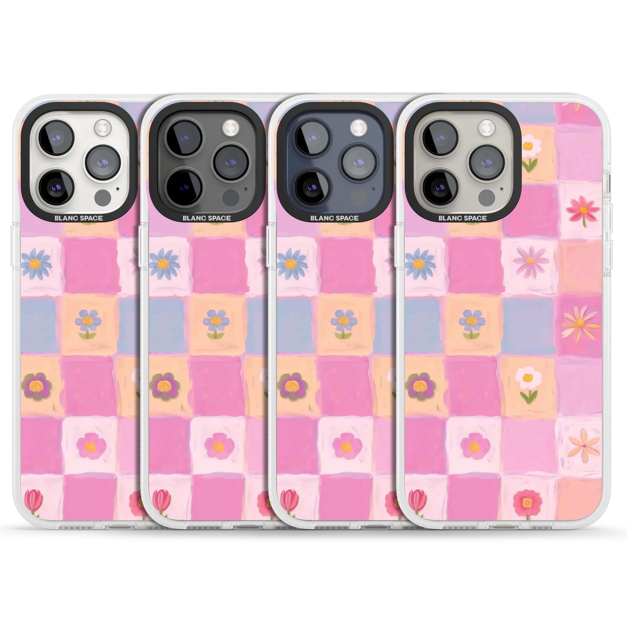Pastel Flower Patchwork cottagecore iPhone case featuring painted pink and lilac squares with daisies and wildflowers | Clear Case Impact Air case for iPhone 15 Pro, iPhone 15 Pro Max