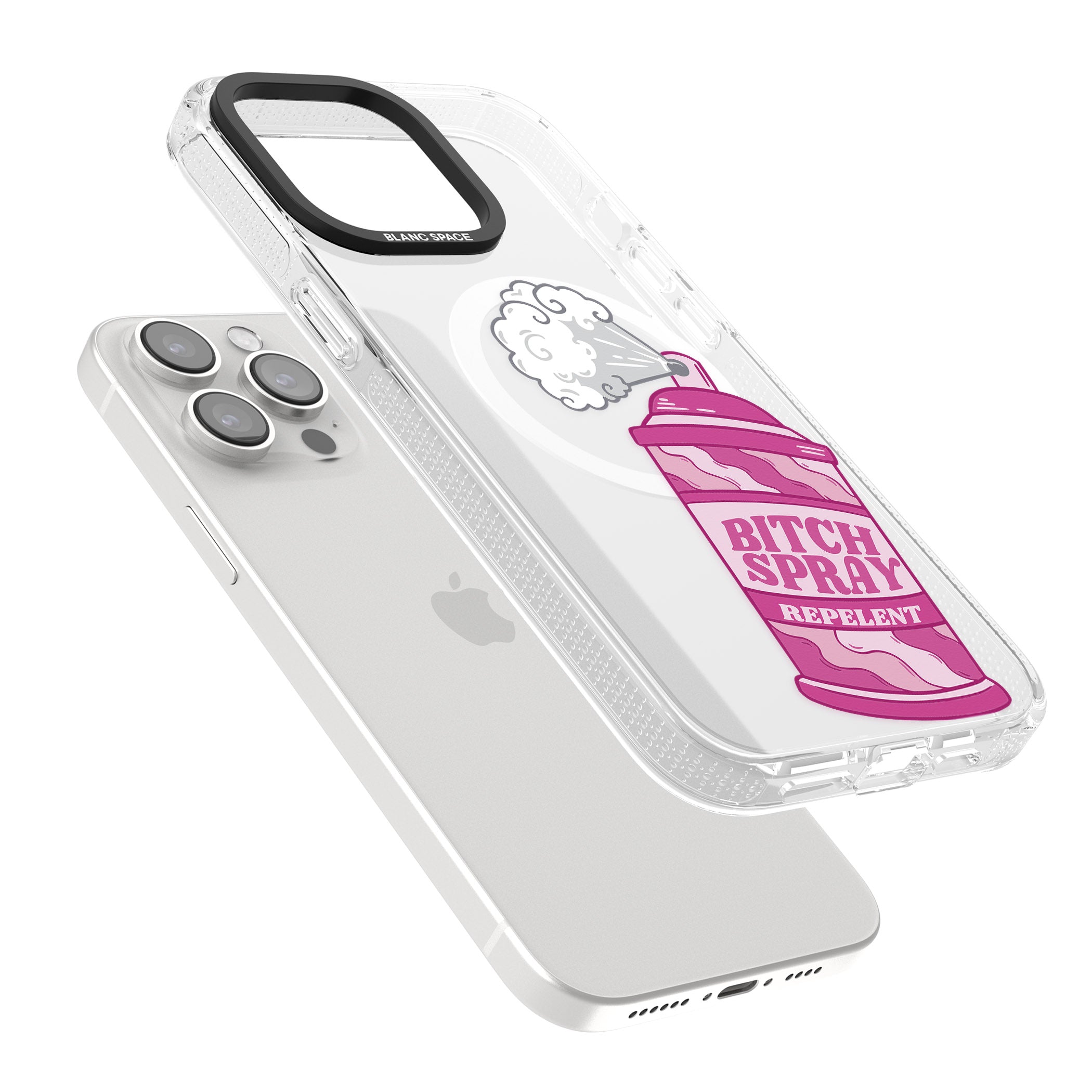 B*tch Spray iPhone 15 Pro Max / 15 Pro / 14 Pro Max / 14 Pro / 13 Pro Clear Case Impact Air - Blanc Space