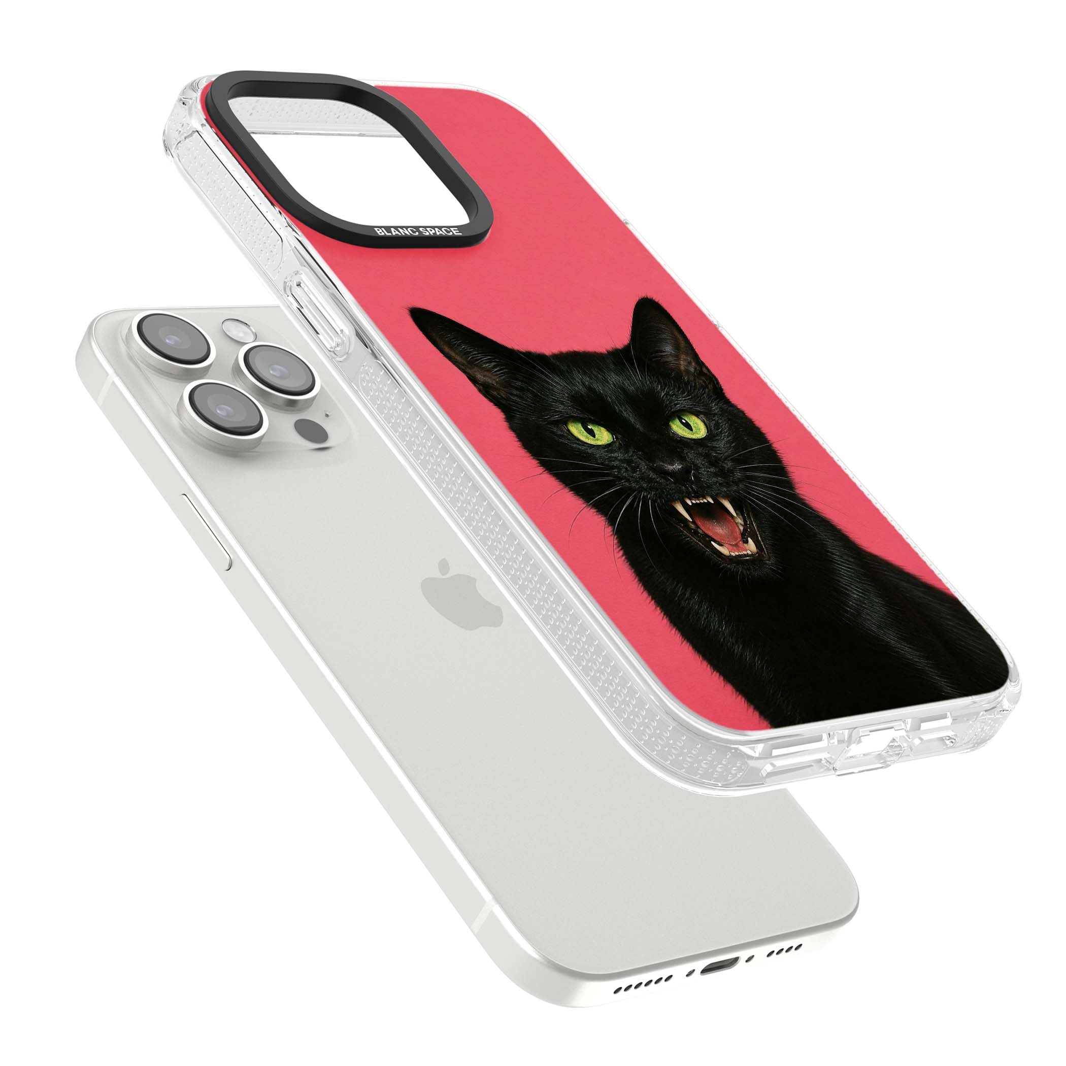 Hissin' Baddie black cat iPhone case featuring a hissing feline with green eyes on a hot pink background | Clear Case Impact Air case for iPhone 15 Pro, iPhone 15 Pro Max