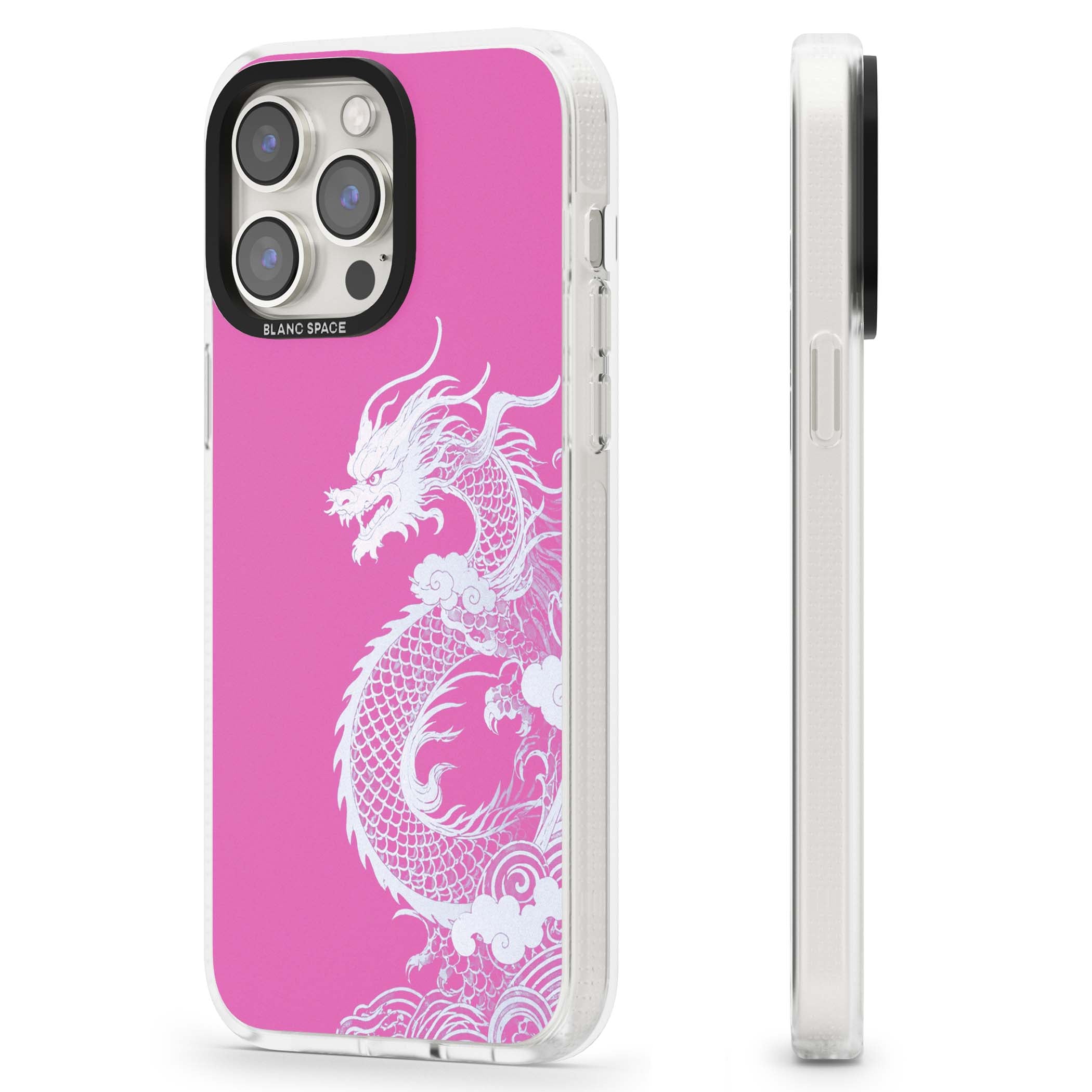 Pink Empress chinese dragon iPhone case featuring a white dragon, swirling clouds and pink dragon wallpaper backdrop | Clear Case Impact Air case for iPhone 15 Pro, iPhone 15 Pro Max