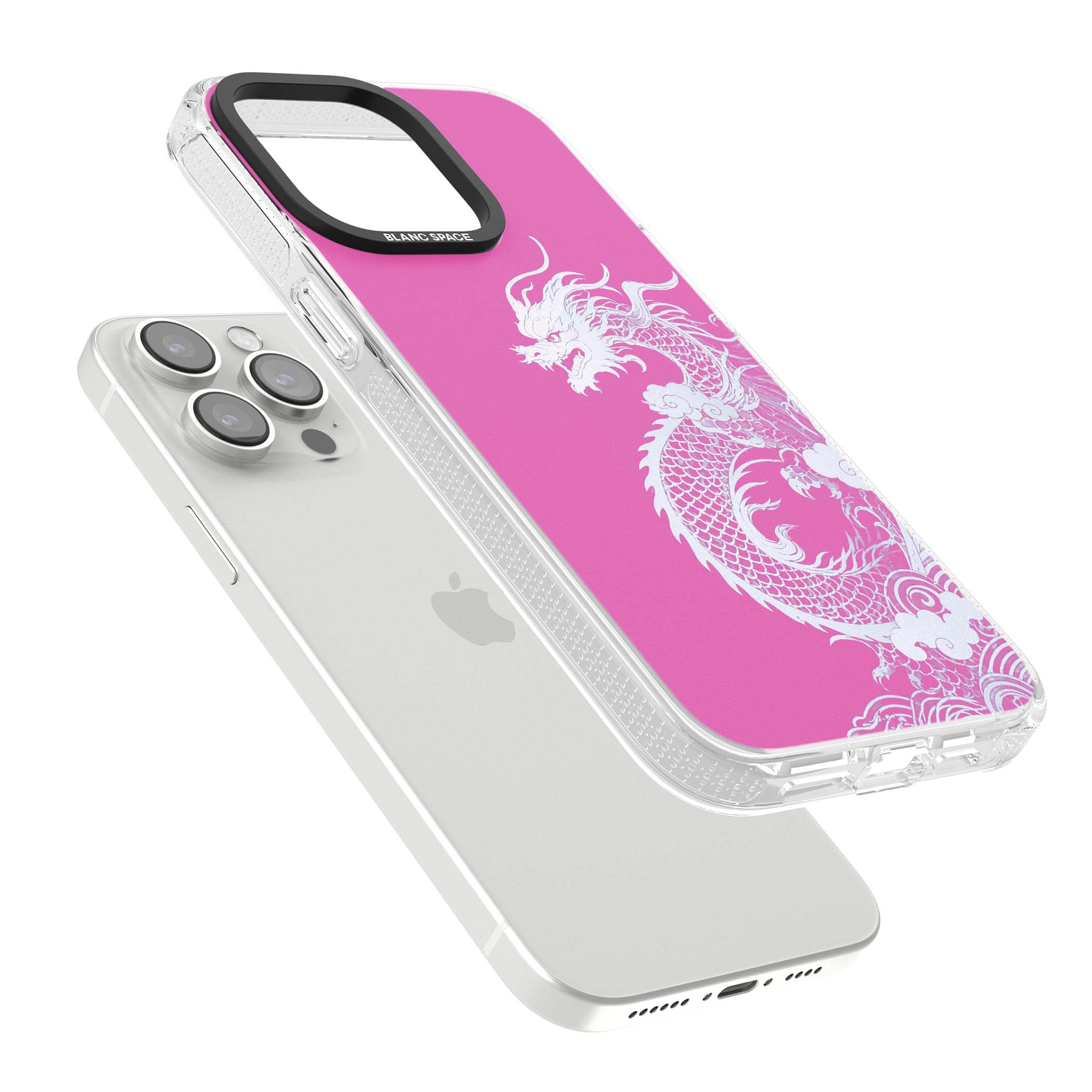 Pink Empress chinese dragon iPhone case featuring a white dragon, swirling clouds and pink dragon wallpaper backdrop | Clear Case Impact Air case for iPhone 15 Pro, iPhone 15 Pro Max