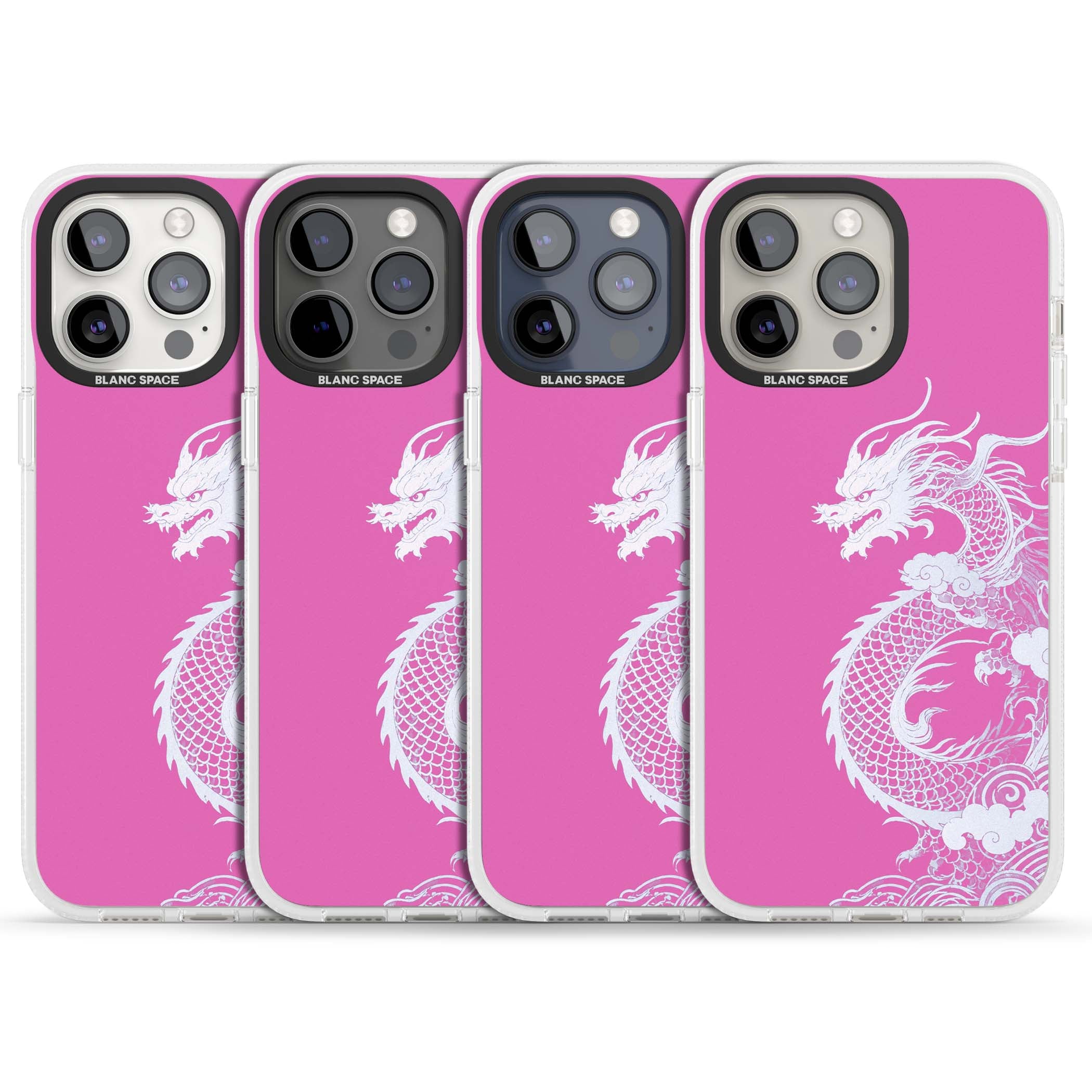 Pink Empress chinese dragon iPhone case featuring a white dragon, swirling clouds and pink dragon wallpaper backdrop | Clear Case Impact Air case for iPhone 15 Pro, iPhone 15 Pro Max