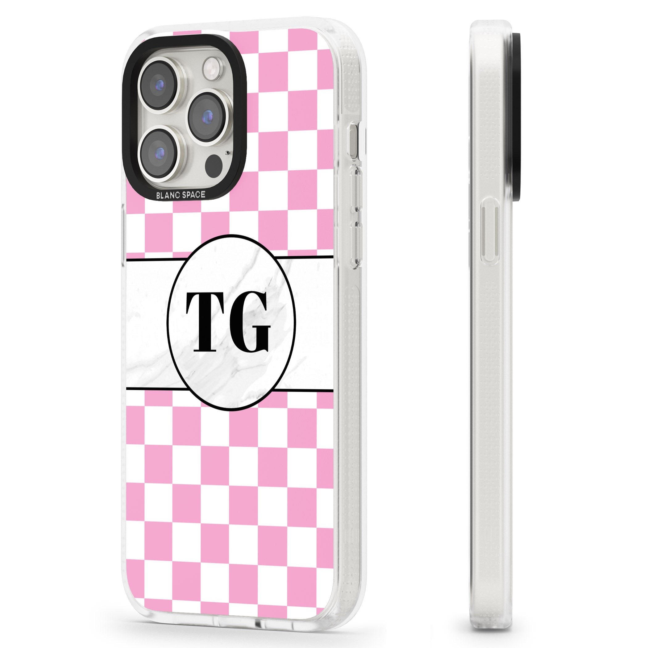 Personalised Monogrammed Pink Check iPhone 15 Pro Max / 15 Pro / 14 Pro Max / 14 Pro / 13 Pro Clear Case Impact Air - Blanc Space