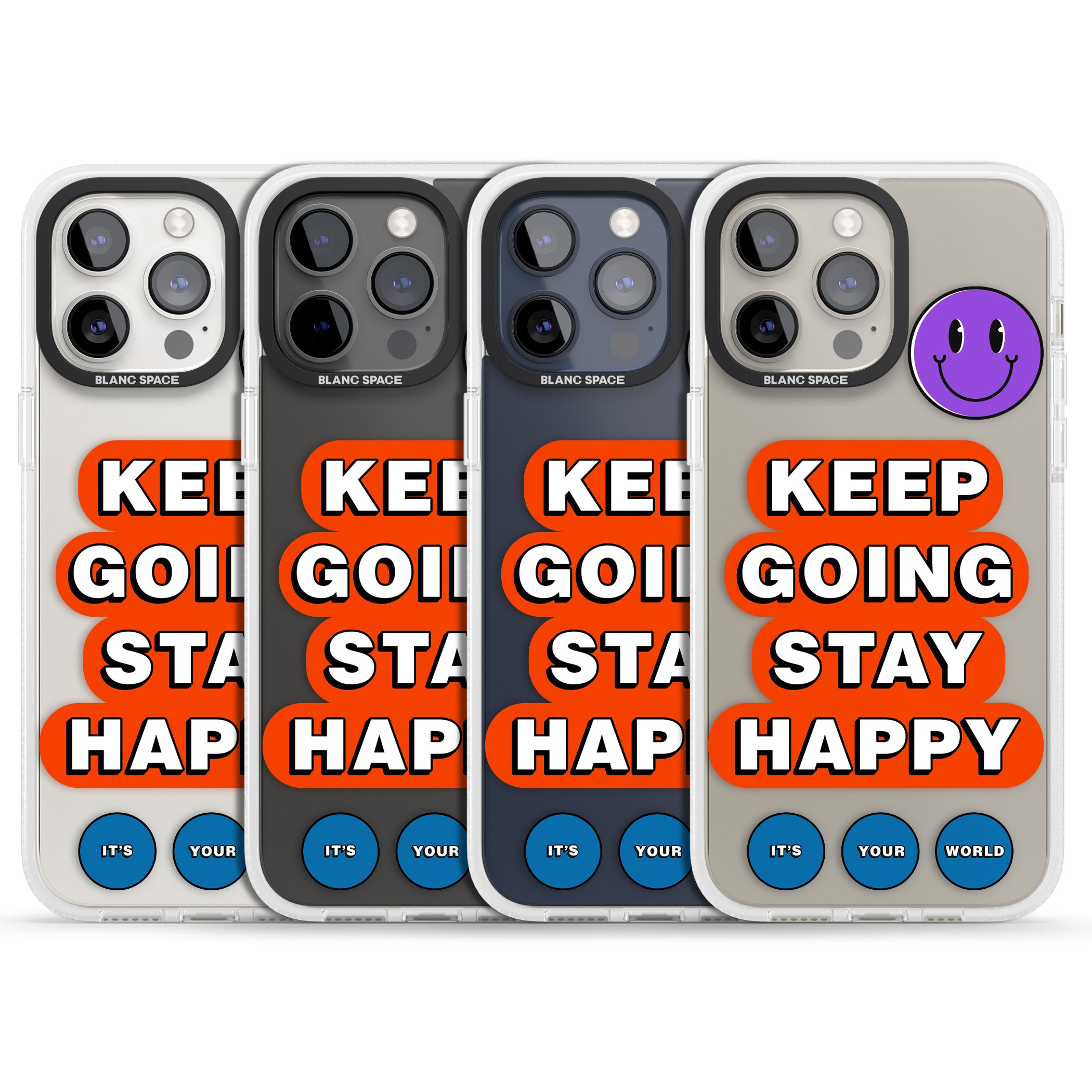 Keep Going Stay Happy iPhone 15 Pro Max / 15 Pro / 14 Pro Max / 14 Pro / 13 Pro Clear Case Impact Air - Blanc Space
