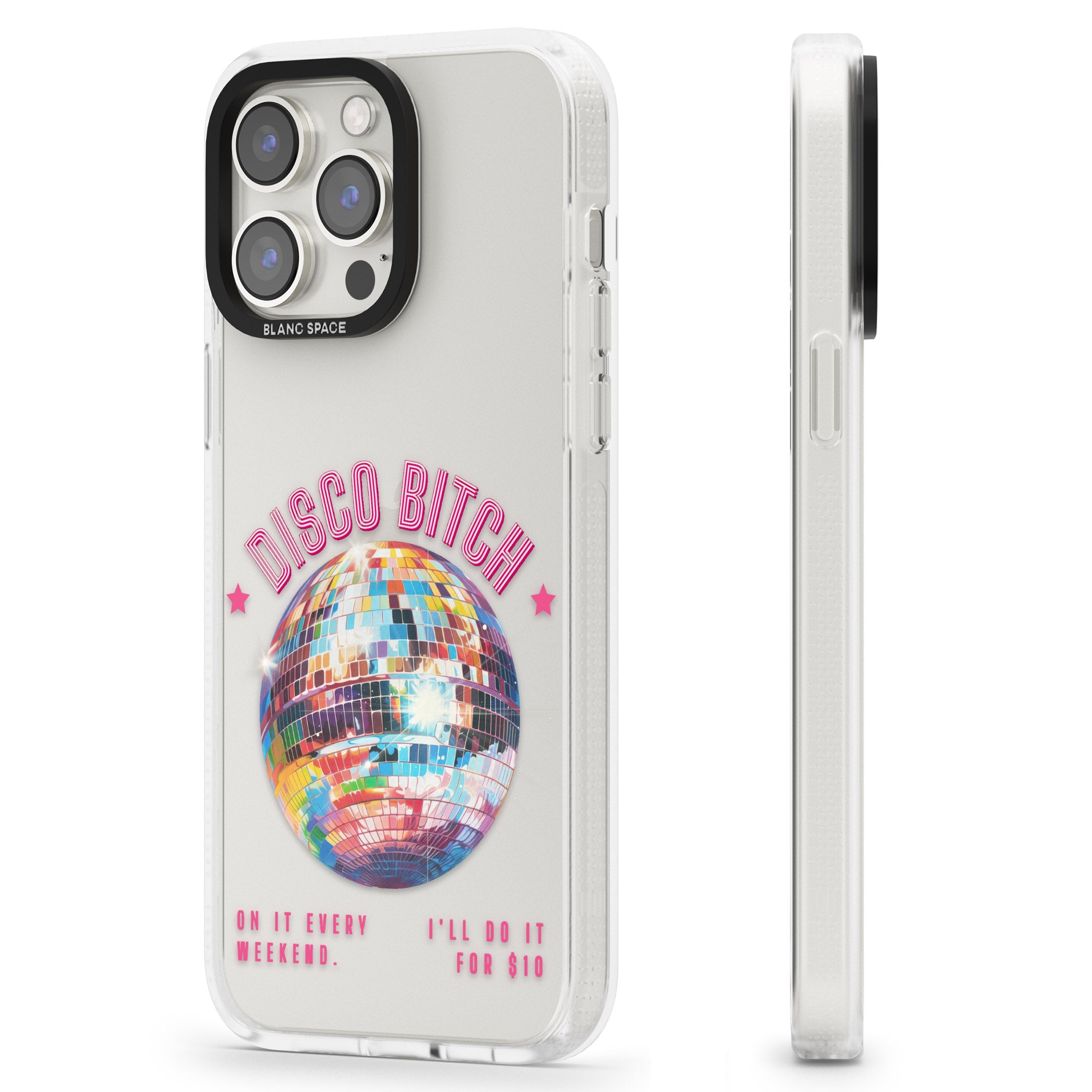 Disco B*tch iPhone 15 Pro Max / 15 Pro / 14 Pro Max / 14 Pro / 13 Pro Clear Case Impact Air - Blanc Space