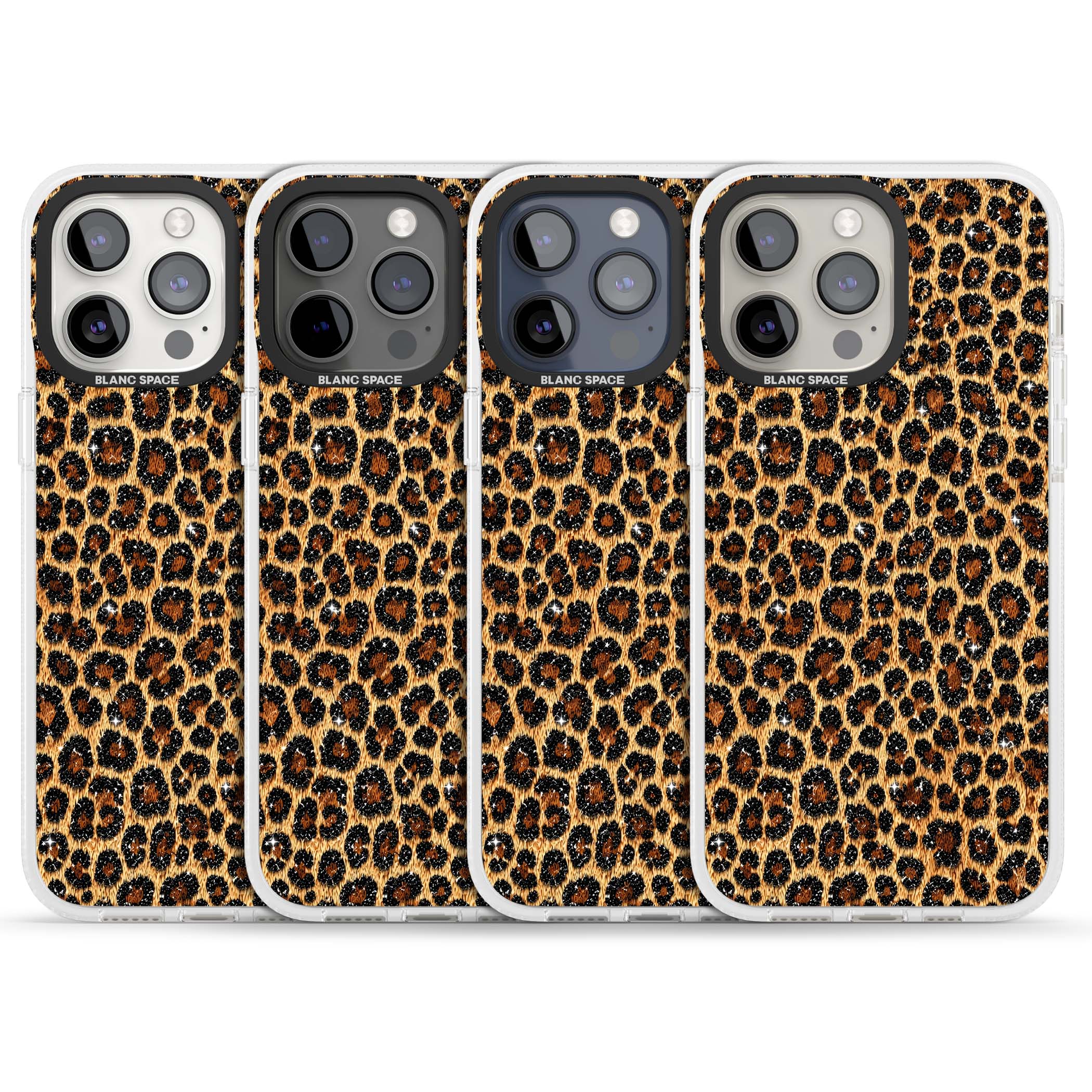 Diamond Leopard leopard print iPhone case featuring golden tan fur, black rosette spots and subtle glitter sparkle | Clear Case Impact Air case for iPhone 15 Pro, iPhone 15 Pro Max