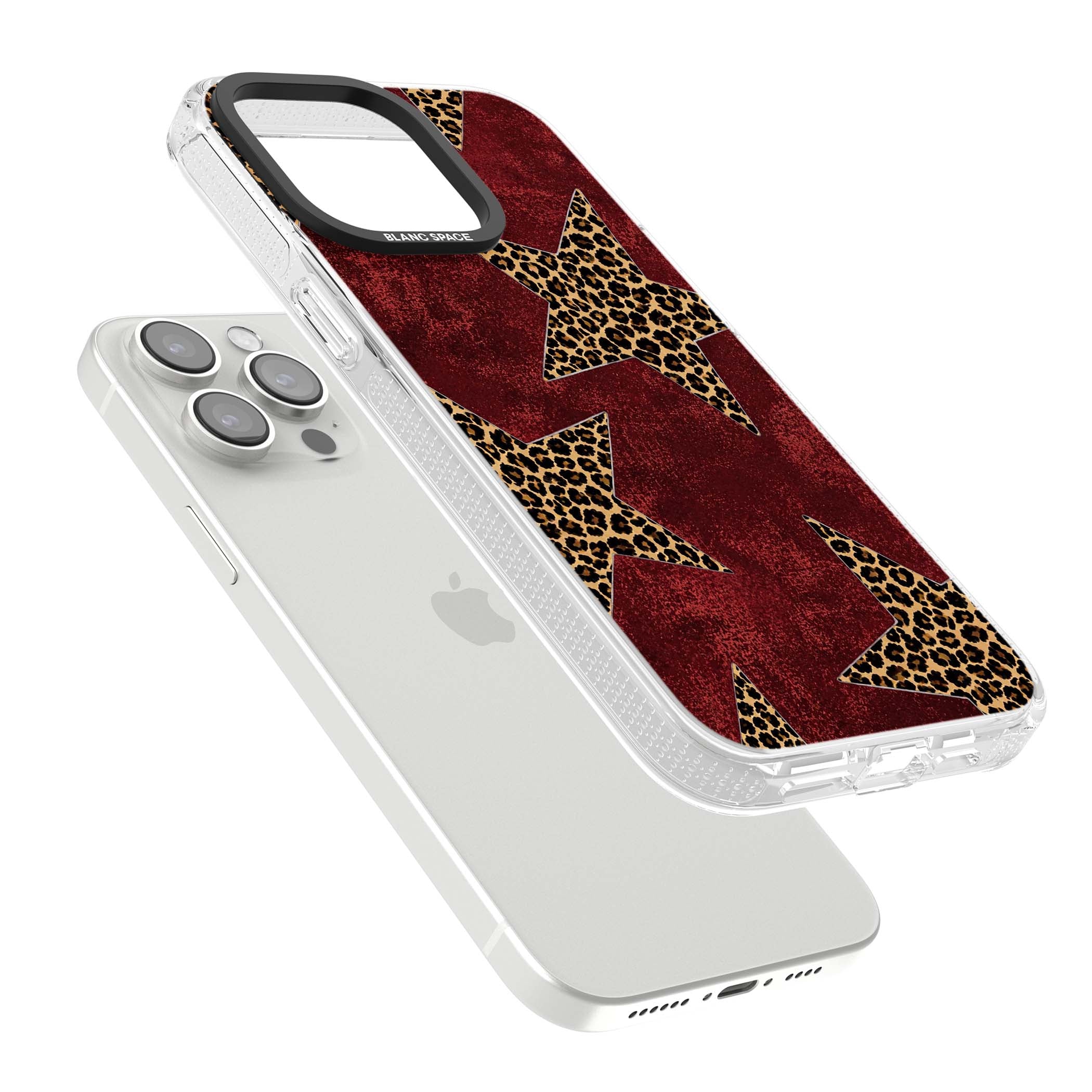 Showgirl leopard print iPhone case featuring cheetah print stars on distressed red grunge background | Clear Case Impact Air case for iPhone 15 Pro, iPhone 15 Pro Max