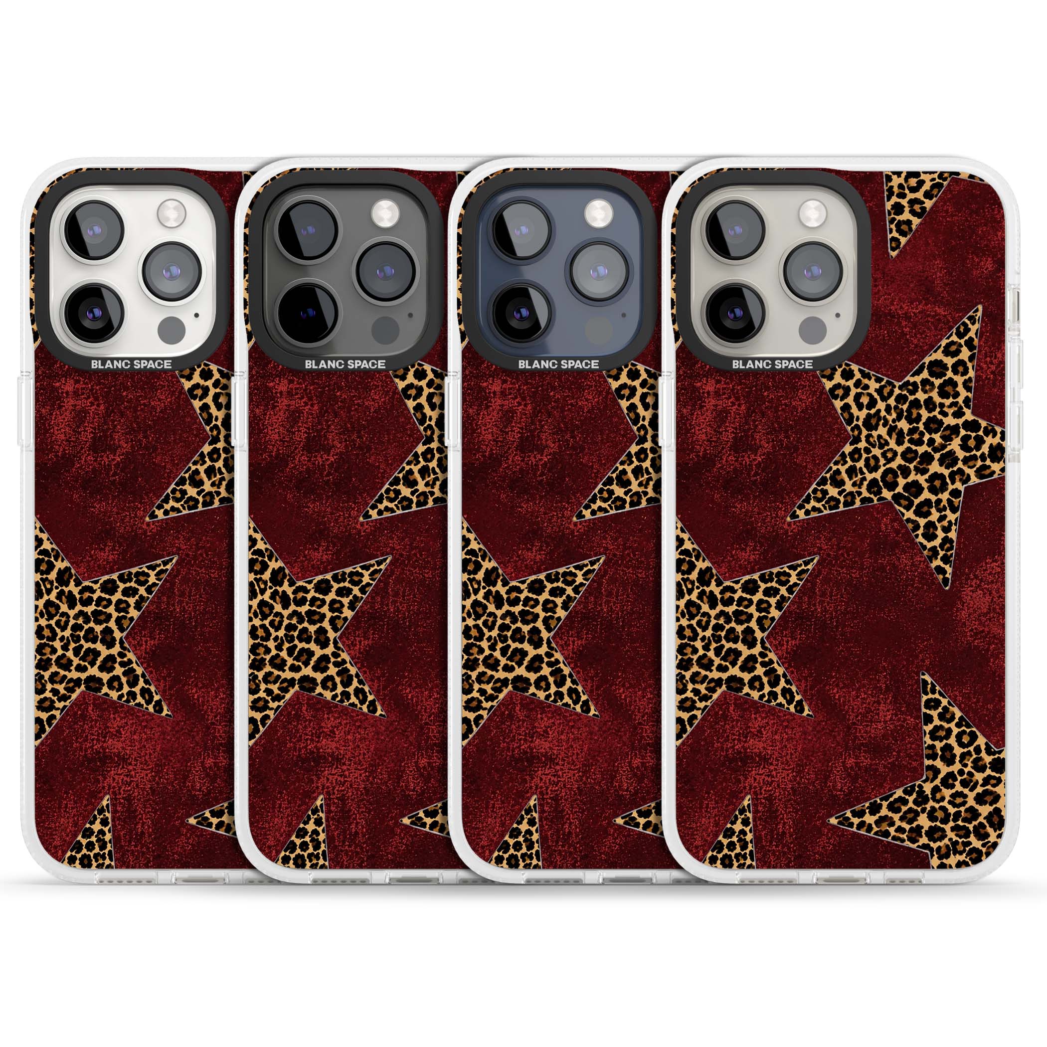 Showgirl leopard print iPhone case featuring cheetah print stars on distressed red grunge background | Clear Case Impact Air case for iPhone 15 Pro, iPhone 15 Pro Max