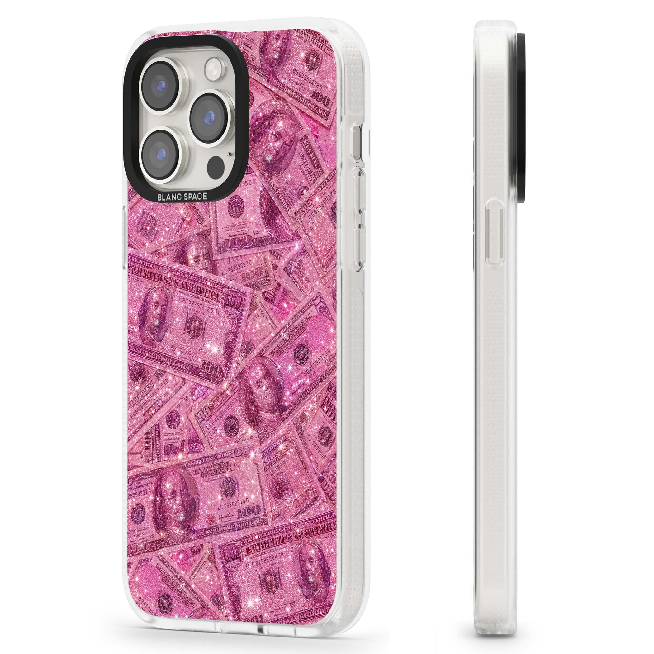 Glamorous baddie iPhone case featuring pink glitter hundred dollar bills and sparkling money wallpaper design | Clear Case Impact Air case for iPhone 15 Pro, iPhone 15 Pro Max