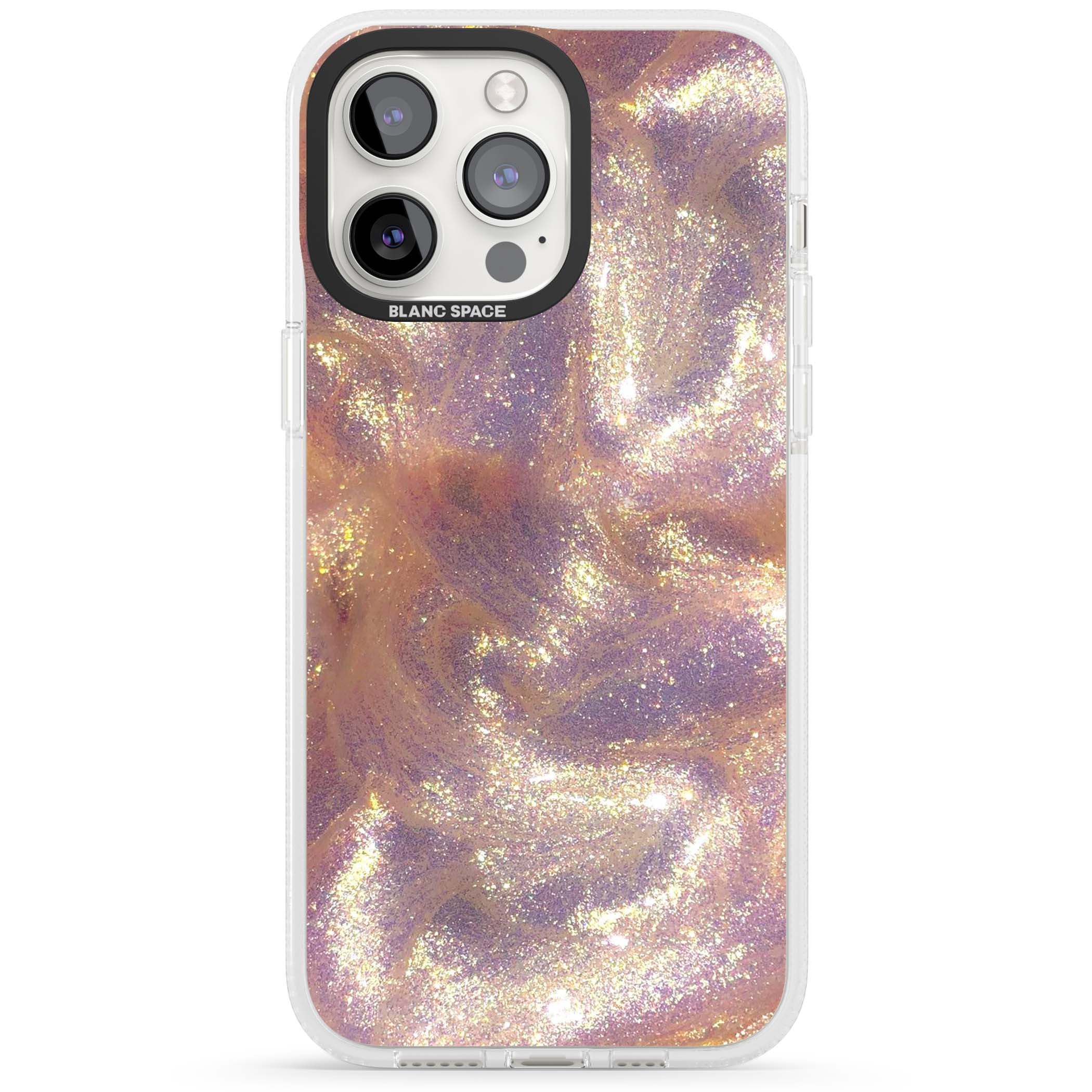 Shimmer marble iPhone case featuring rose gold glitter swirls, lilac shimmer and iridescent pearl finish | Clear Case Impact Air case for iPhone 15 Pro, iPhone 15 Pro Max