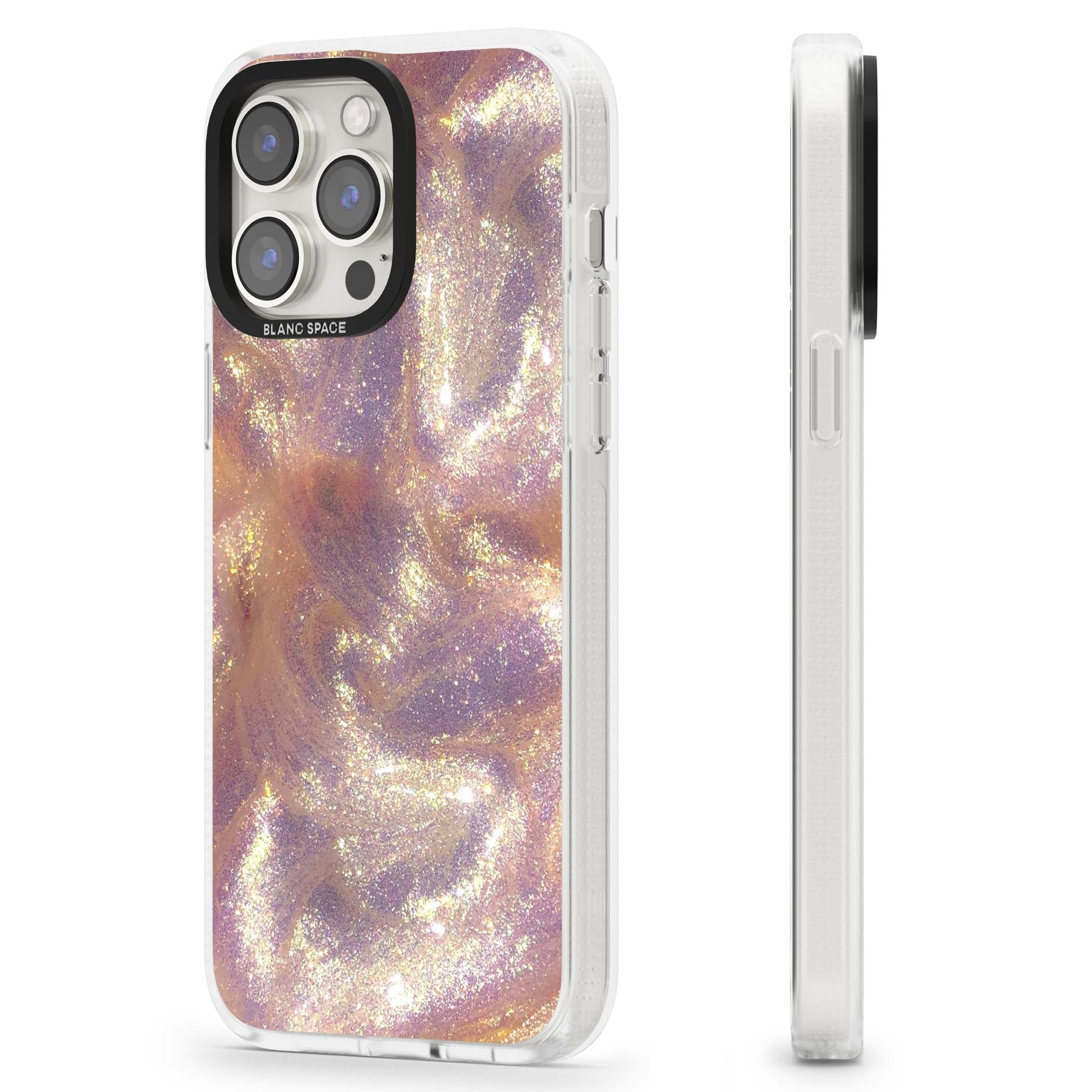 Shimmer marble iPhone case featuring rose gold glitter swirls, lilac shimmer and iridescent pearl finish | Clear Case Impact Air case for iPhone 15 Pro, iPhone 15 Pro Max