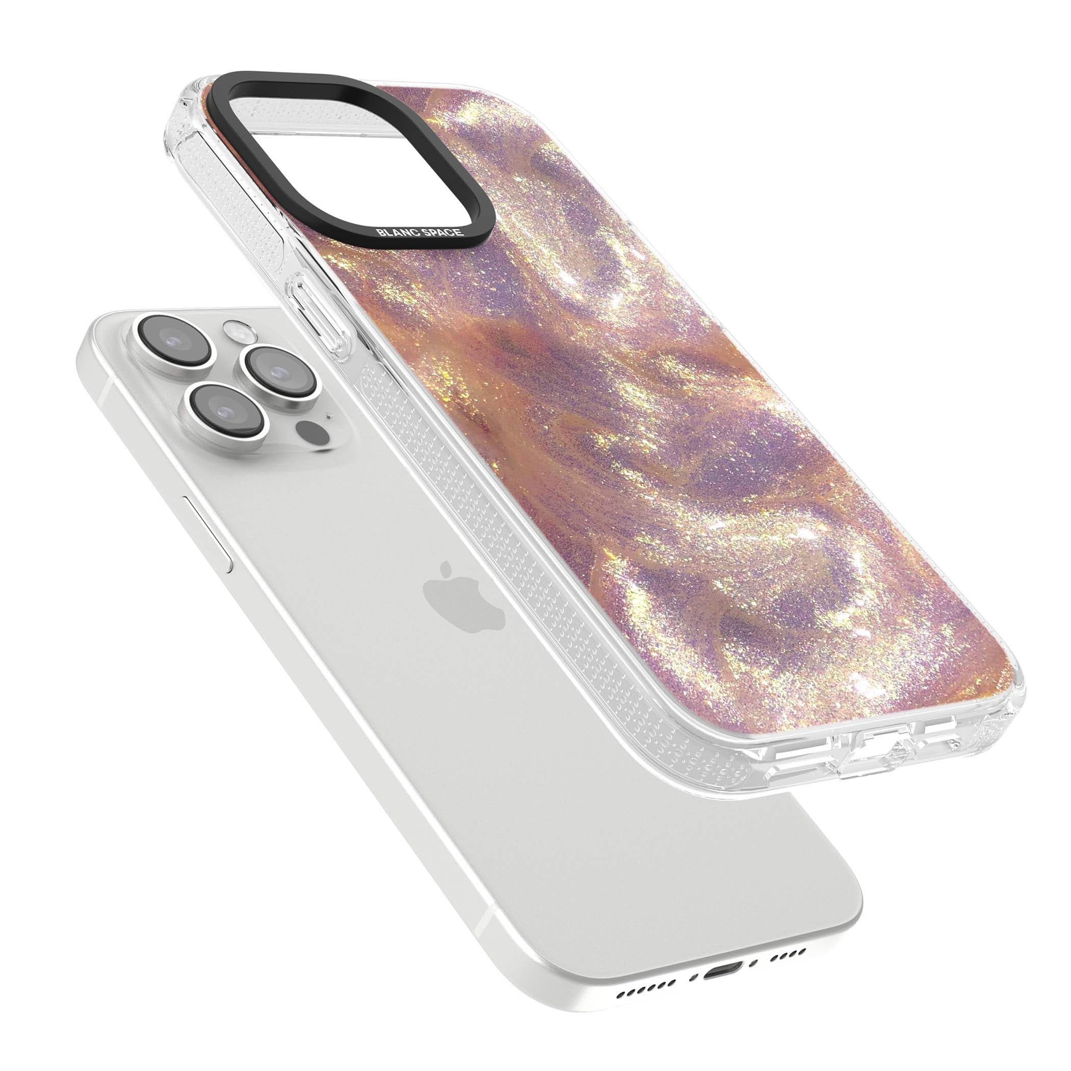 Shimmer marble iPhone case featuring rose gold glitter swirls, lilac shimmer and iridescent pearl finish | Clear Case Impact Air case for iPhone 15 Pro, iPhone 15 Pro Max