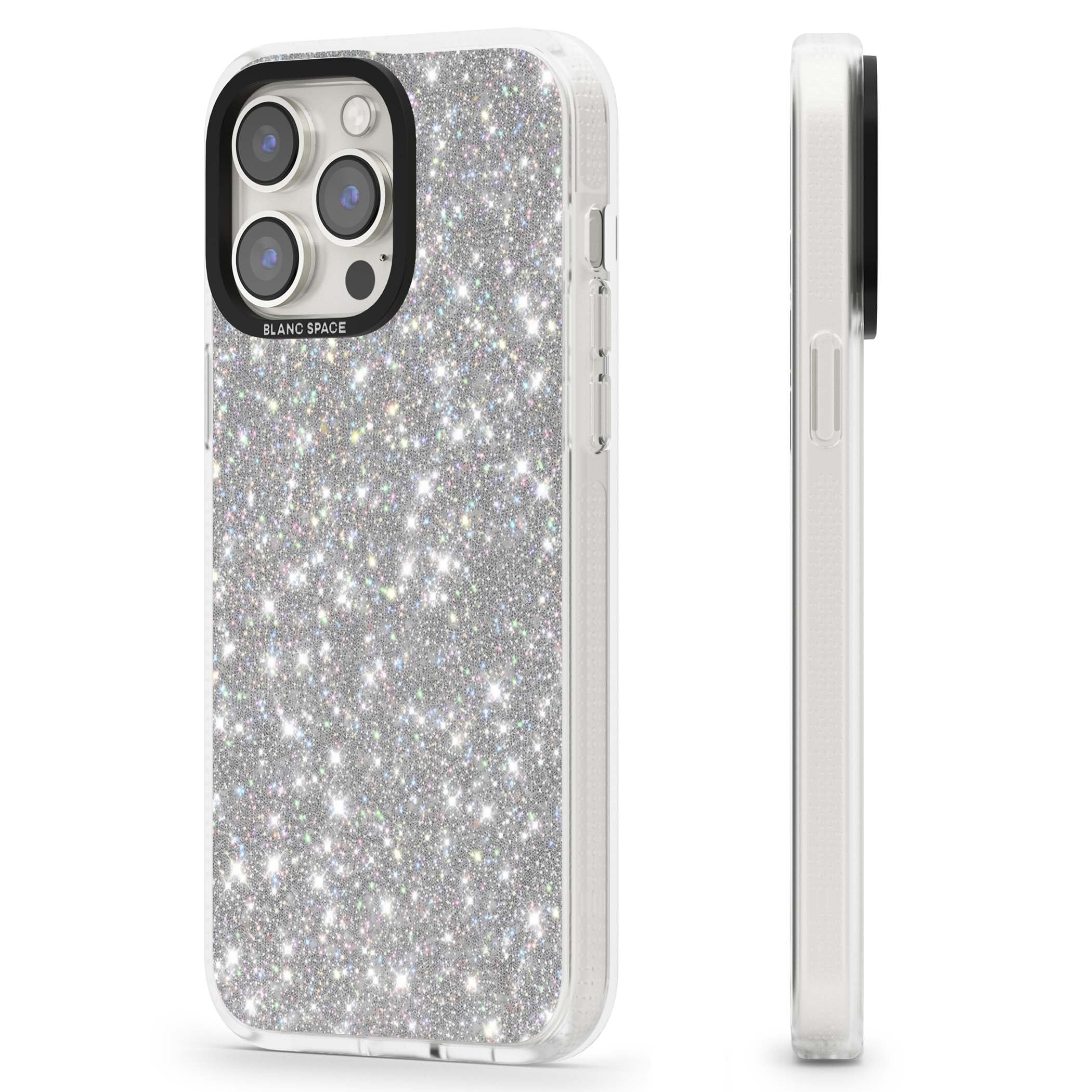 Diamond glam iPhone case featuring silver glitter sparkle and shimmering diamond dust effect | Clear Case Impact Air case for iPhone 15 Pro, iPhone 15 Pro Max