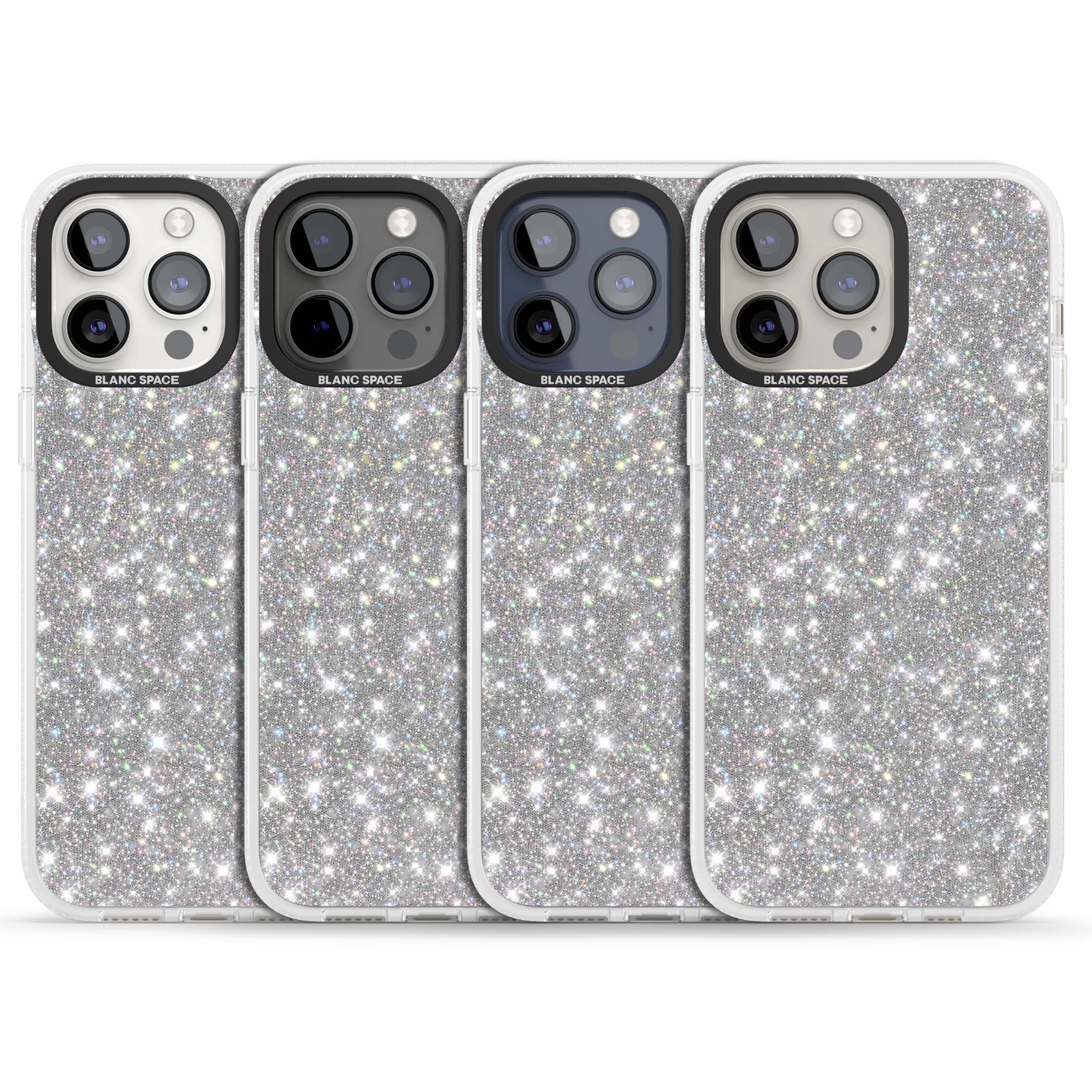 Diamond glam iPhone case featuring silver glitter sparkle and shimmering diamond dust effect | Clear Case Impact Air case for iPhone 15 Pro, iPhone 15 Pro Max