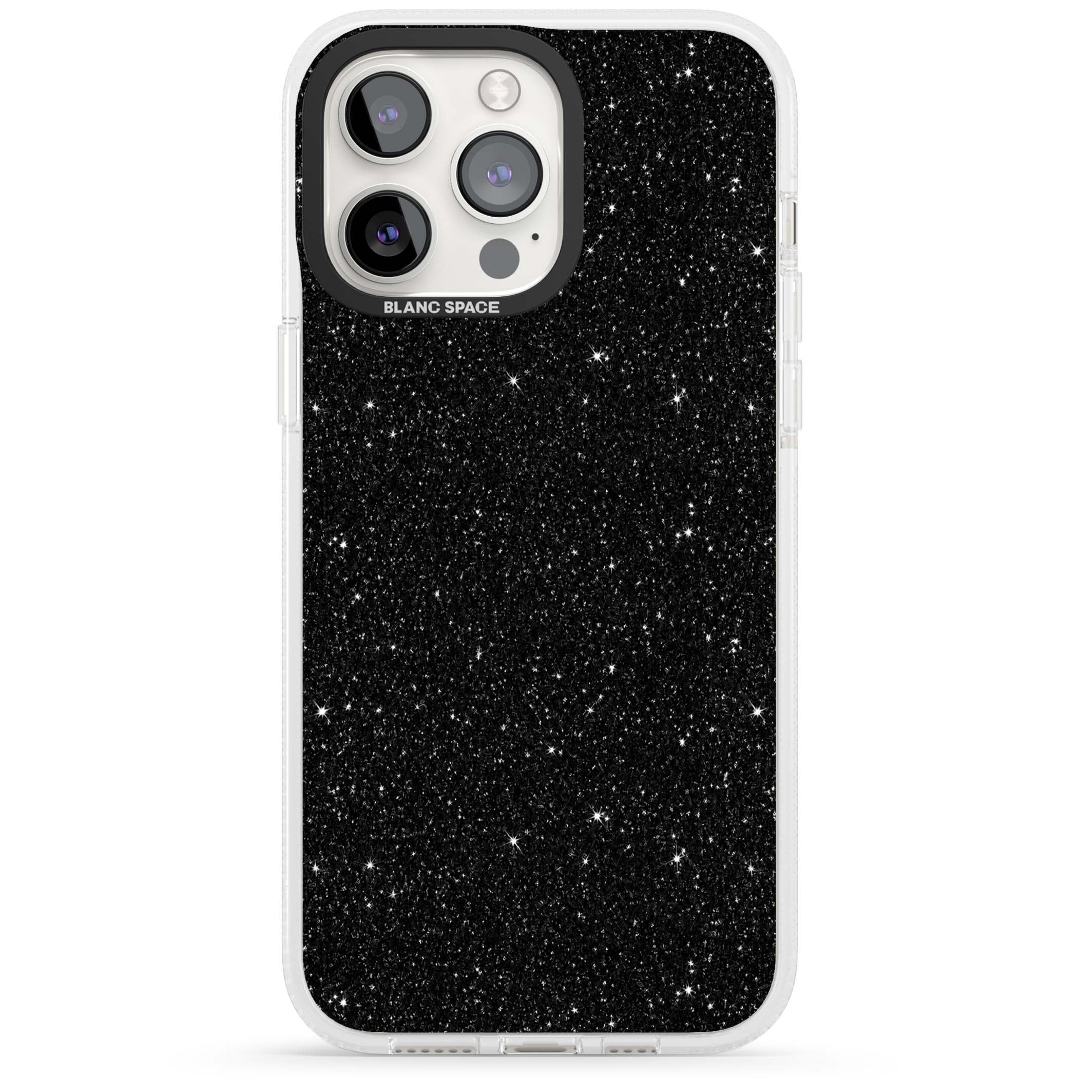 Black Glitter black glitter iPhone case featuring an all-over sparkly shimmer pattern on a jet black base | Clear Case Impact Air case for iPhone 15 Pro, iPhone 15 Pro Max