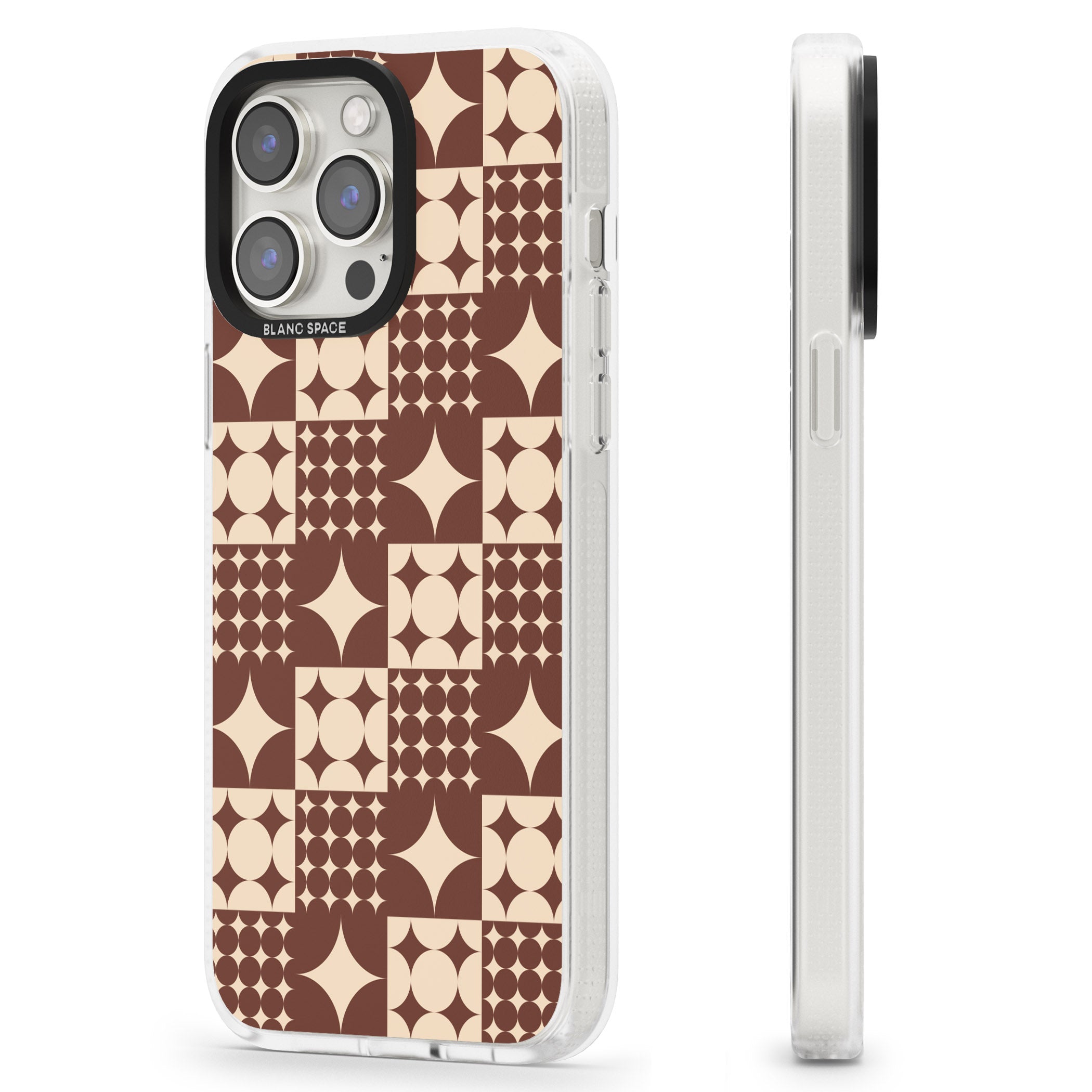 Mid-Century Brown Checked iPhone 15 Pro Max / 15 Pro / 14 Pro Max / 14 Pro / 13 Pro Clear Case Impact Air - Blanc Space