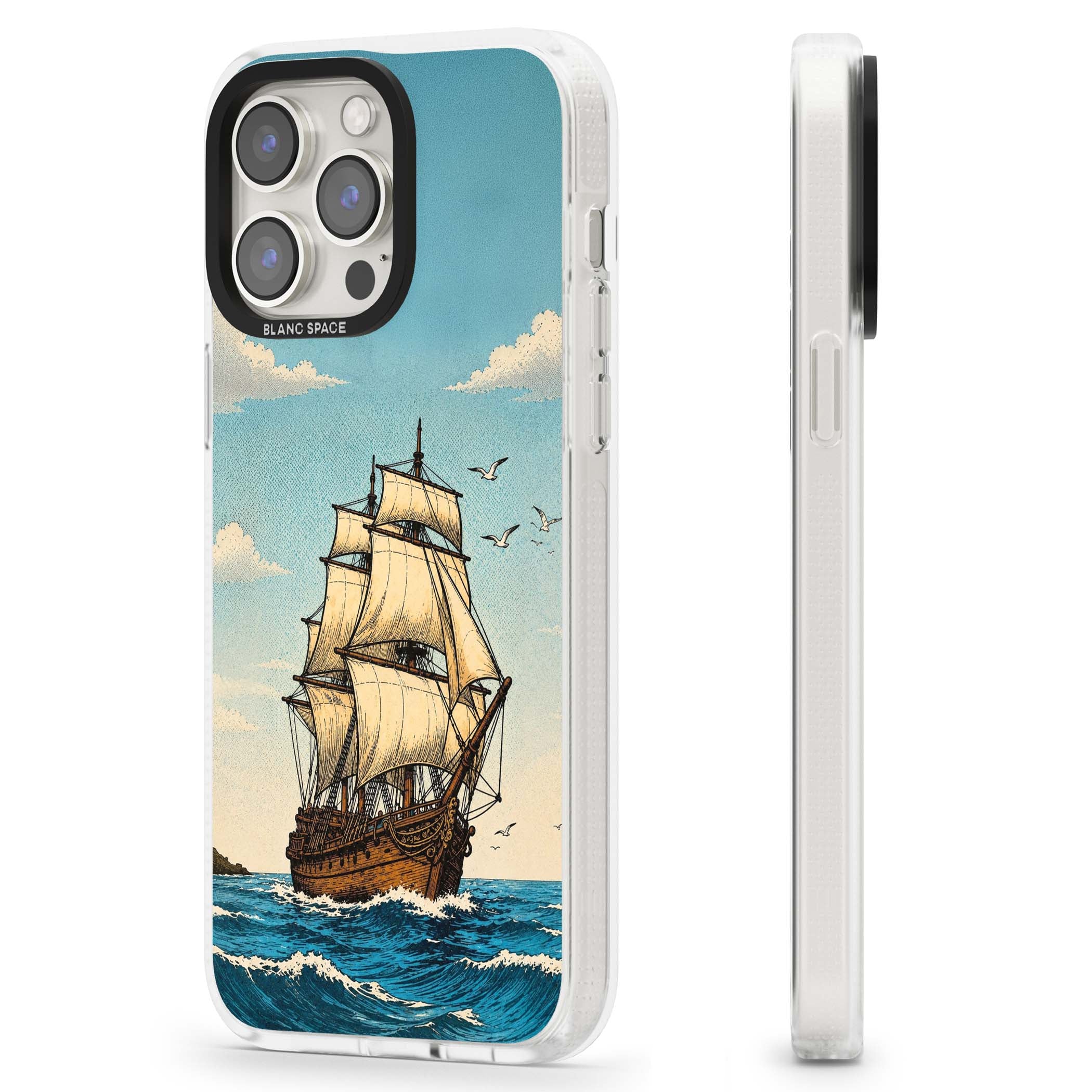 Ship at Sea nautical iPhone case featuring a vintage tall ship, ocean waves and seagulls | Clear Case Impact Air case for iPhone 15 Pro, iPhone 15 Pro Max