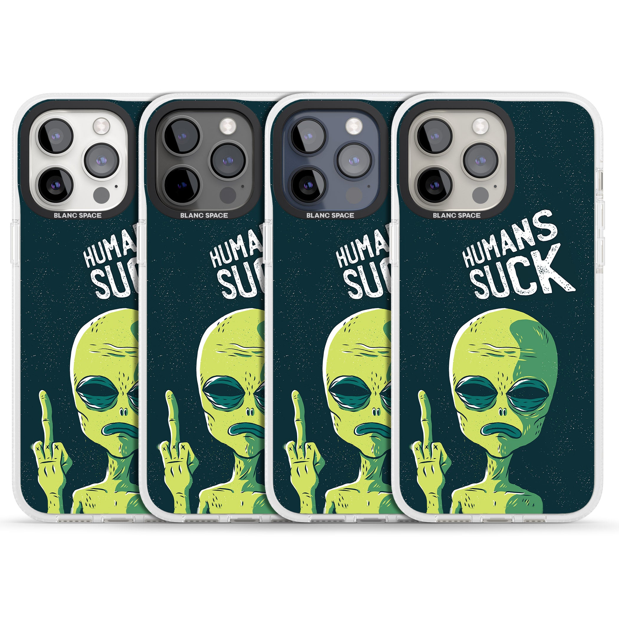 Humans Suck Alien iPhone 15 Pro Max / 15 Pro / 14 Pro Max / 14 Pro / 13 Pro Clear Case Impact Air - Blanc Space