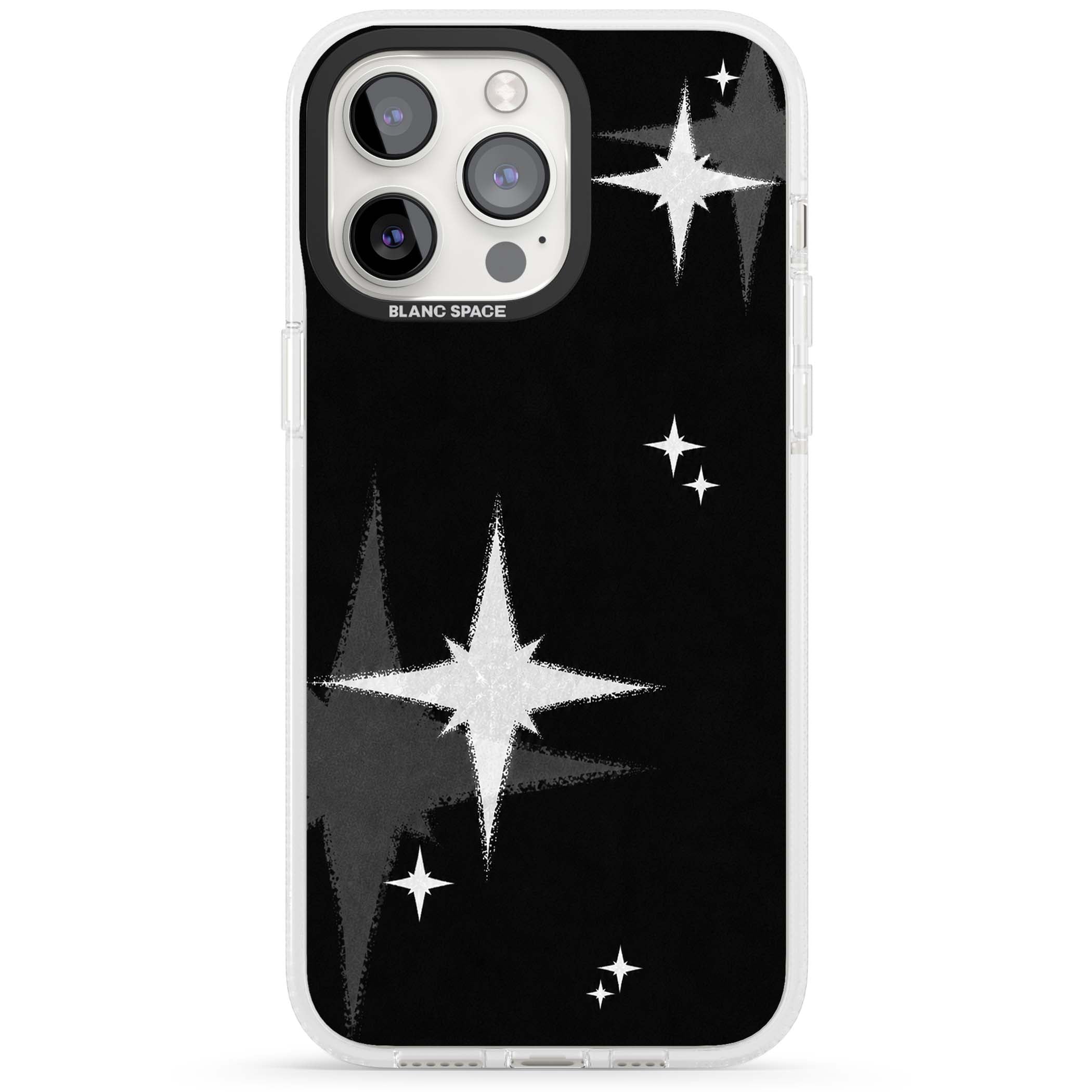 Black Sparkle celestial iPhone case featuring white sparkle stars on a black night sky background | Clear Case Impact Air case for iPhone 15 Pro, iPhone 15 Pro Max
