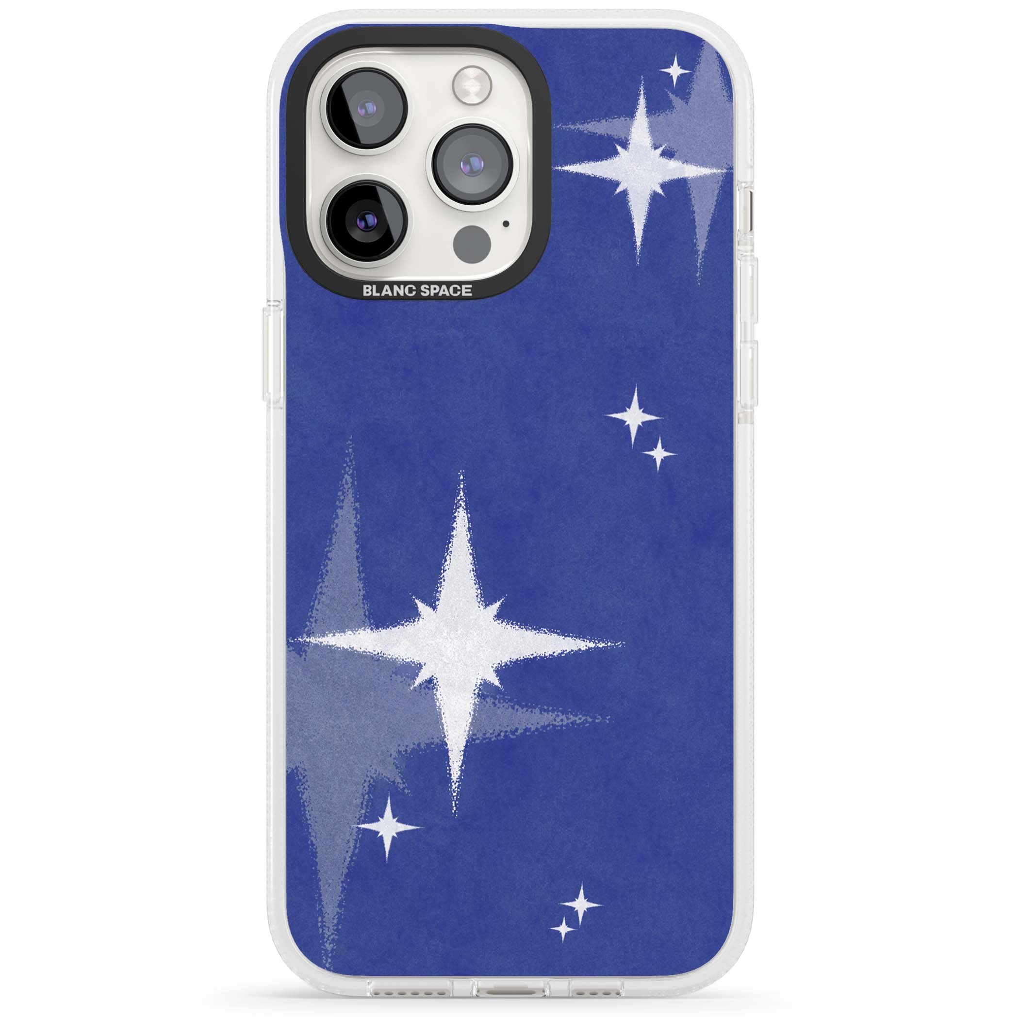 Blue Sparkle celestial iPhone case featuring sparkling silver stars on a deep blue painterly night sky | Clear Case Impact Air case for iPhone 15 Pro, iPhone 15 Pro Max