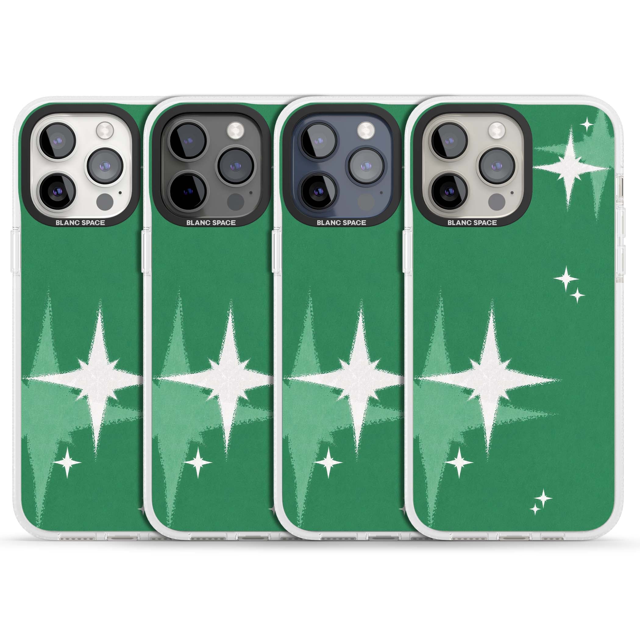 Green Sparkle celestial iPhone case featuring sparkling white four-point stars on a deep green background | Clear Case Impact Air case for iPhone 15 Pro, iPhone 15 Pro Max