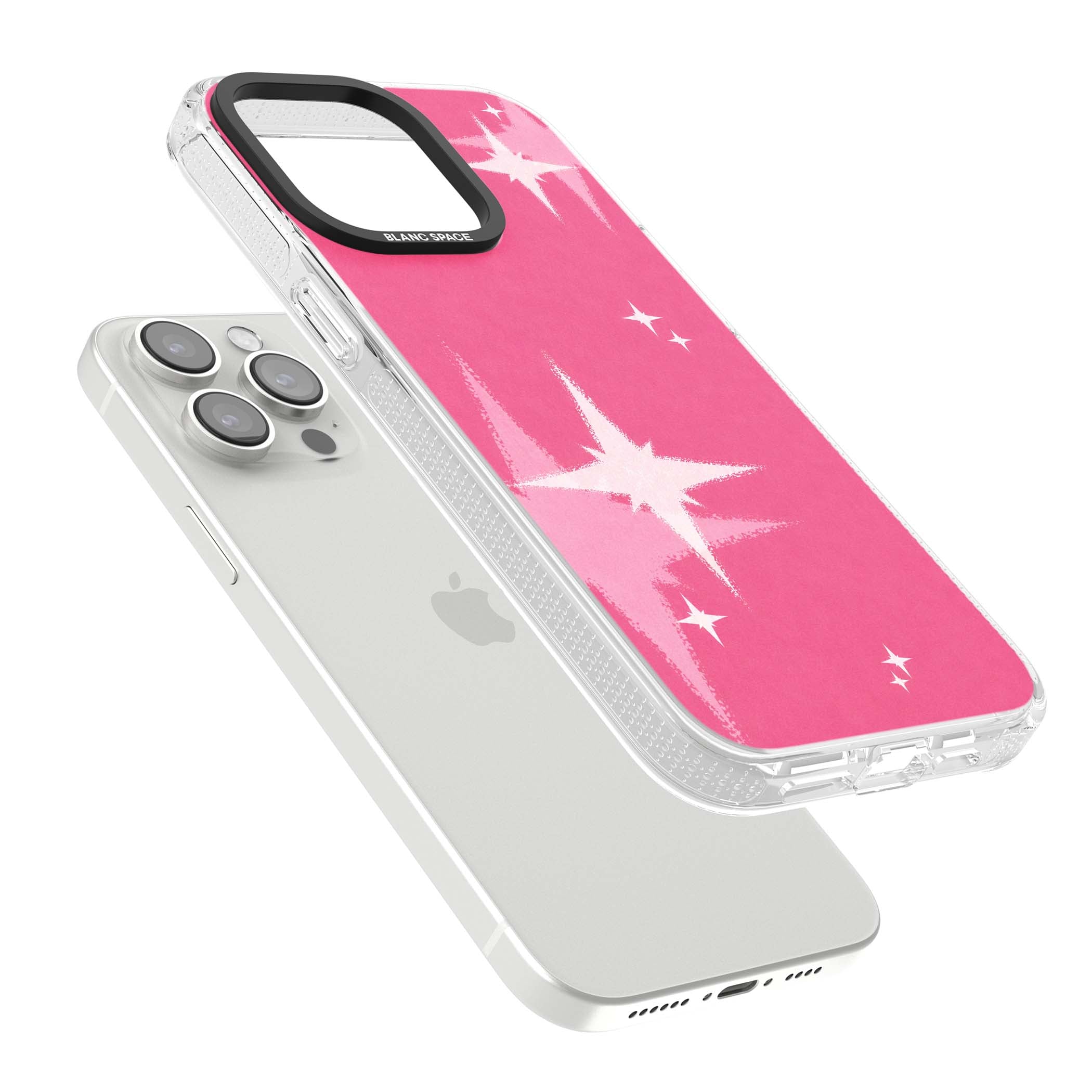 Pink Sparkle Y2K iPhone case featuring hot pink background with shimmering white starburst pattern | Clear Case Impact Air case for iPhone 15 Pro, iPhone 15 Pro Max