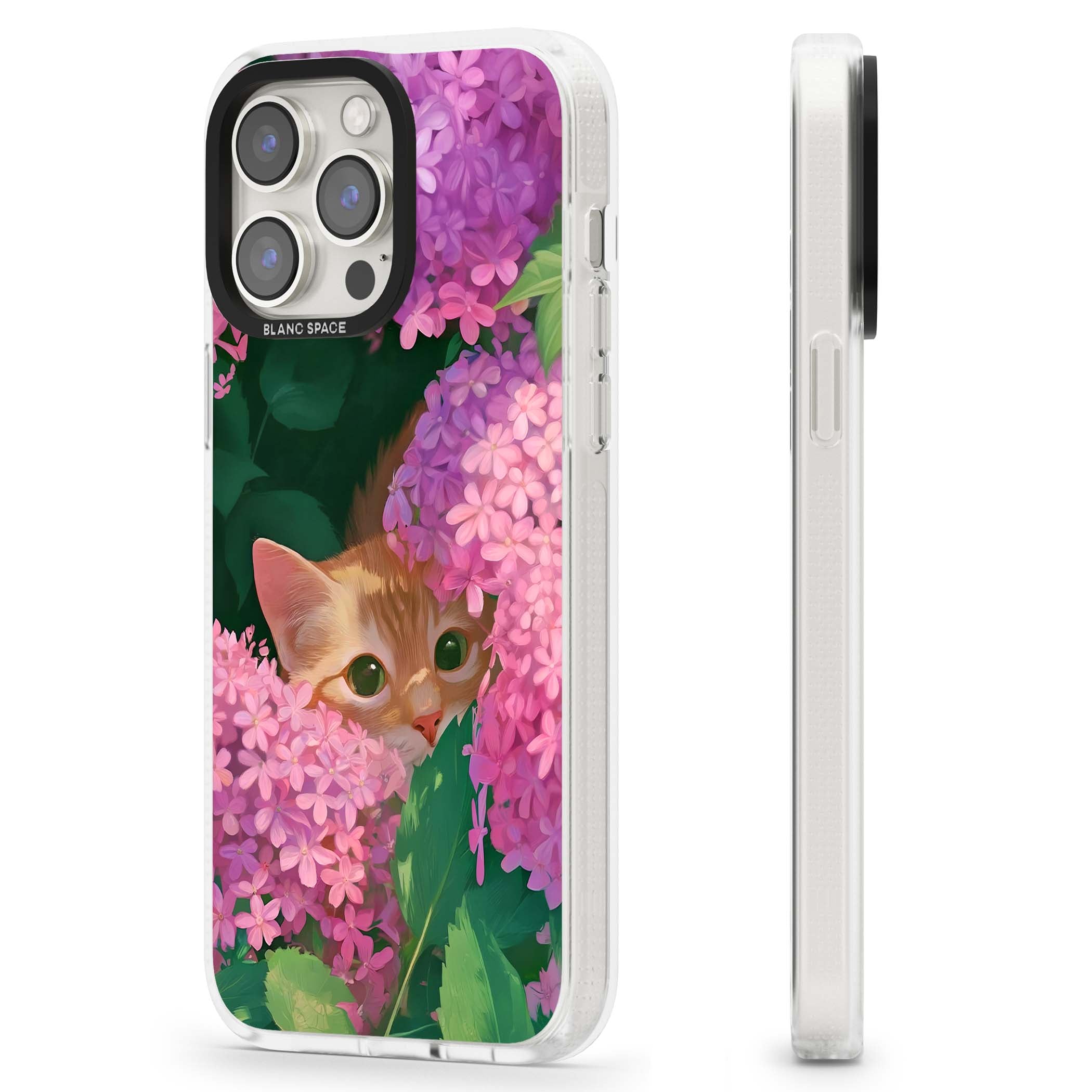 Cat In Pink Flowers cottagecore iPhone case featuring a ginger kitten peeking through lilac and pink hydrangea flo | Clear Case Impact Air case for iPhone 15 Pro, iPhone 15 Pro Max