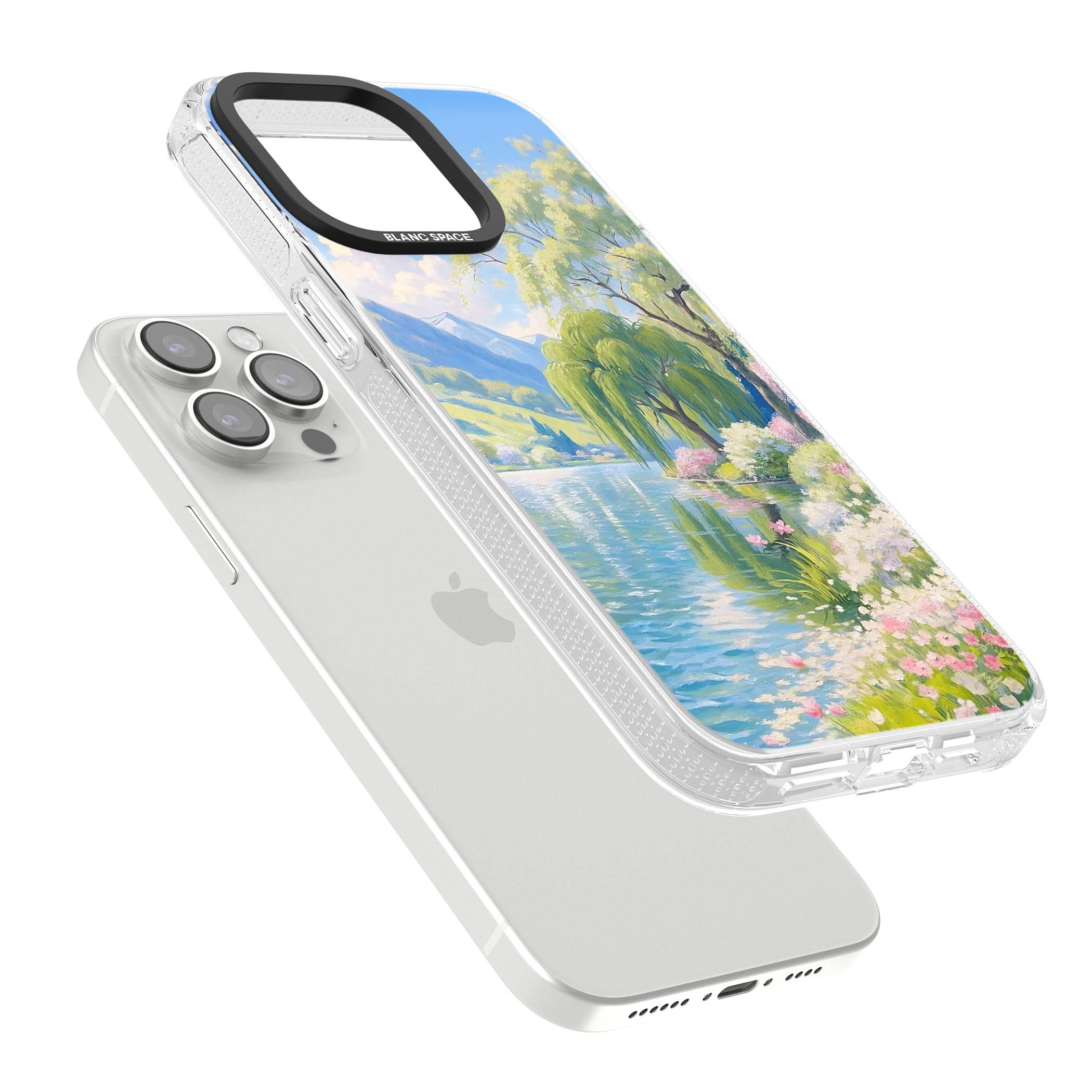 Willow Lake cottagecore iPhone case featuring a painted lakeside with weeping willow, blossoms and distant mountains | Clear Case Impact Air case for iPhone 15 Pro, iPhone 15 Pro Max