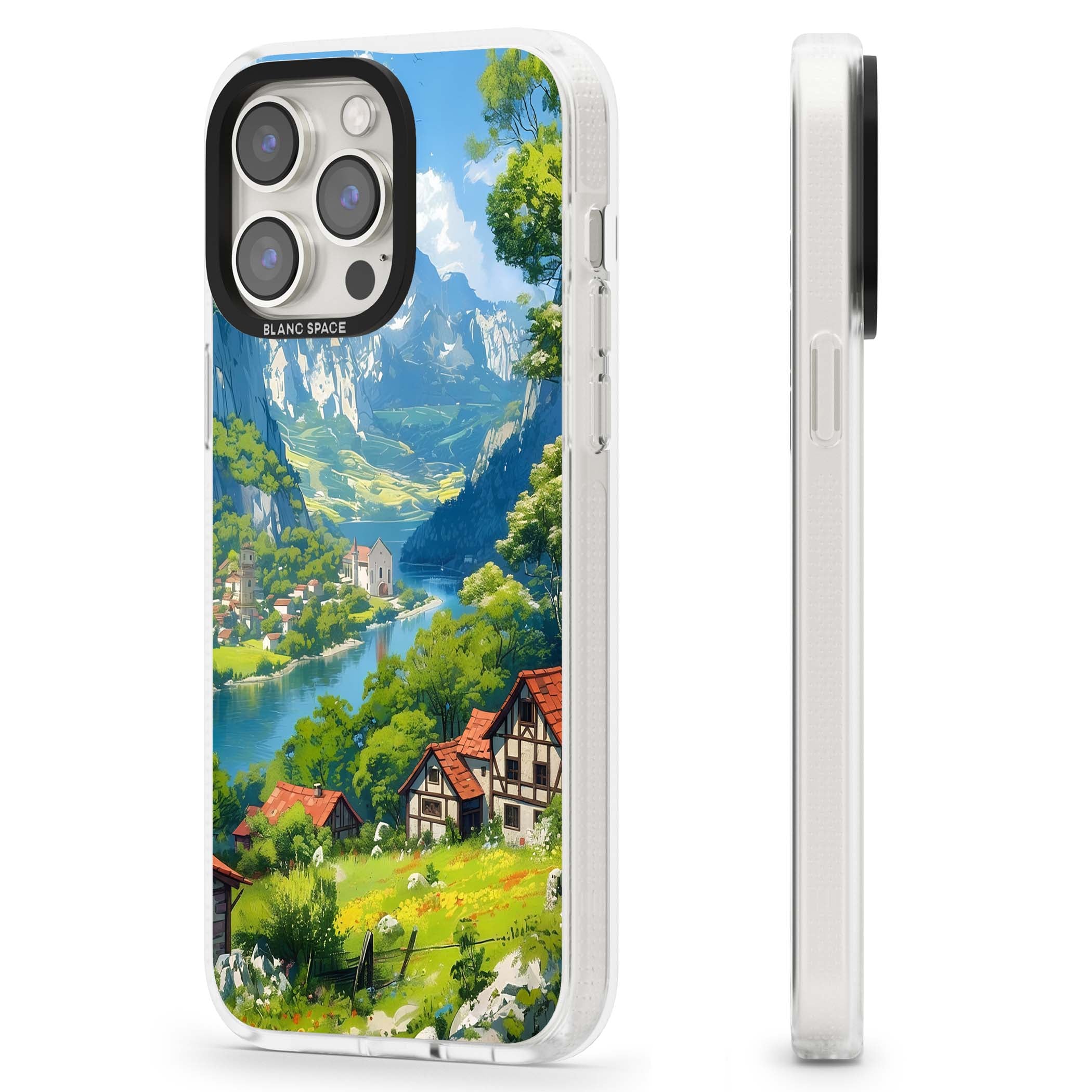 Village In The Valley anime iPhone case featuring a painted mountain village, river valley and half-timbered cottages. | Clear Case Impact Air case for iPhone 15 Pro, iPhone 15 Pro Max