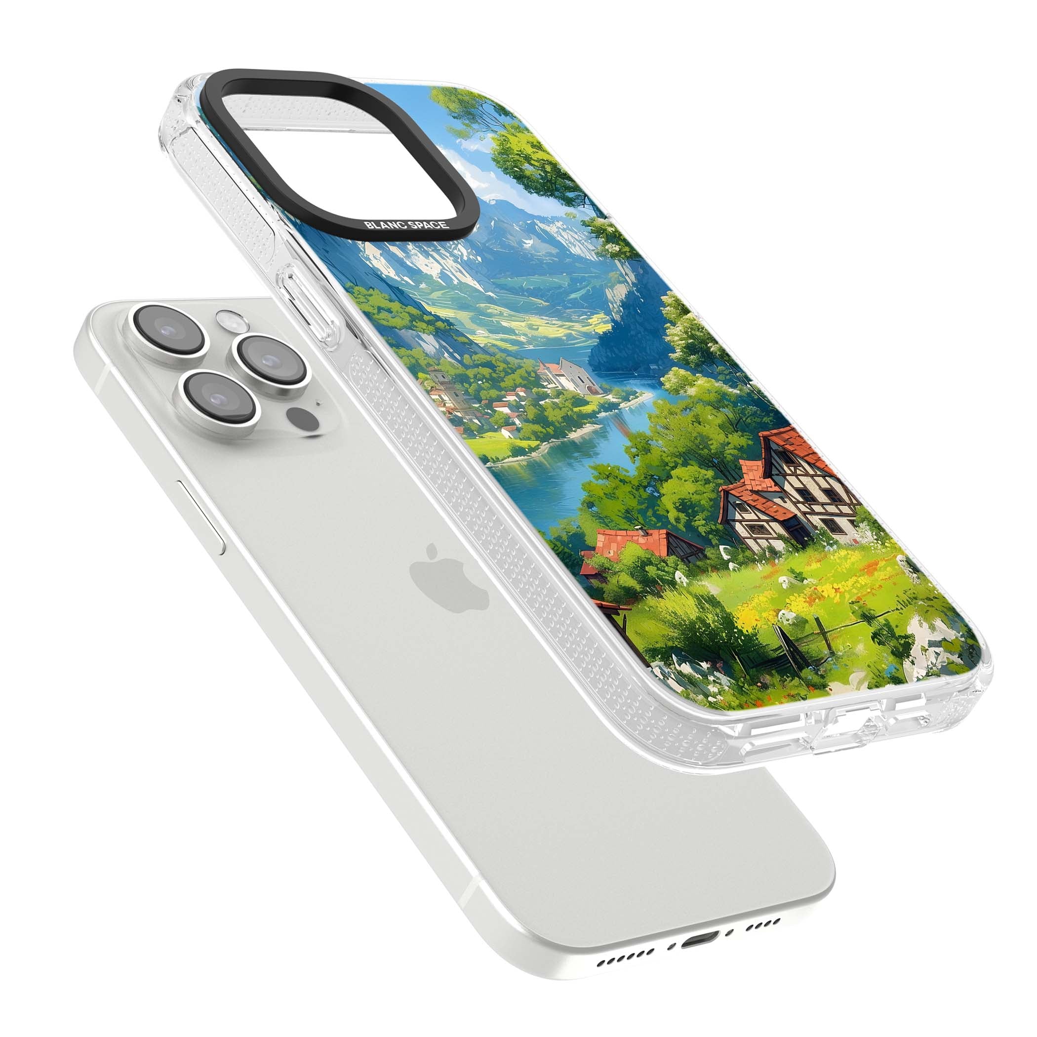 Village In The Valley anime iPhone case featuring a painted mountain village, river valley and half-timbered cottages. | Clear Case Impact Air case for iPhone 15 Pro, iPhone 15 Pro Max